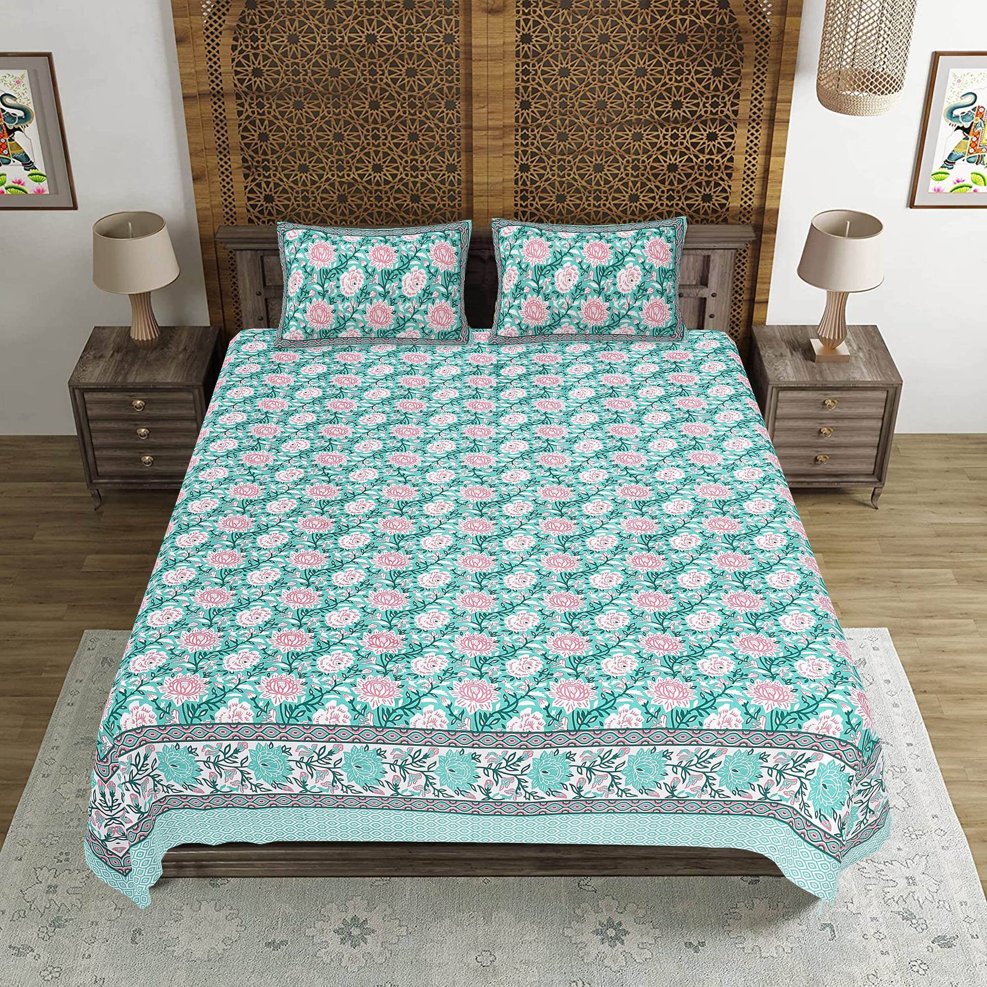 Rudra Bazaar Sea Green 210 TC Cotton Double King Bedsheet With 2 Pillow Covers - Distacart