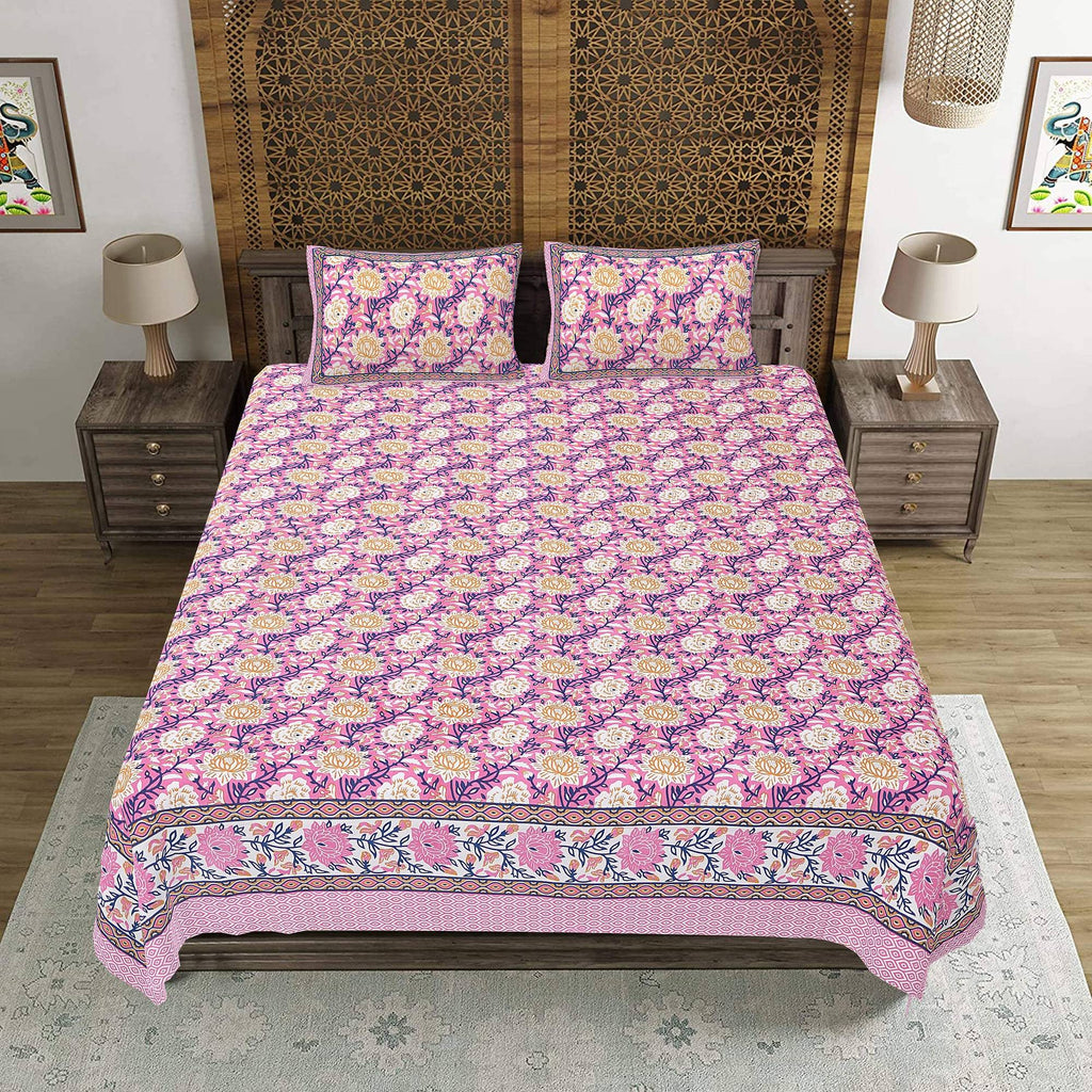 Rudra Bazaar Pink 210 TC Cotton Double King Bedsheet With 2 Pillow Covers - Distacart