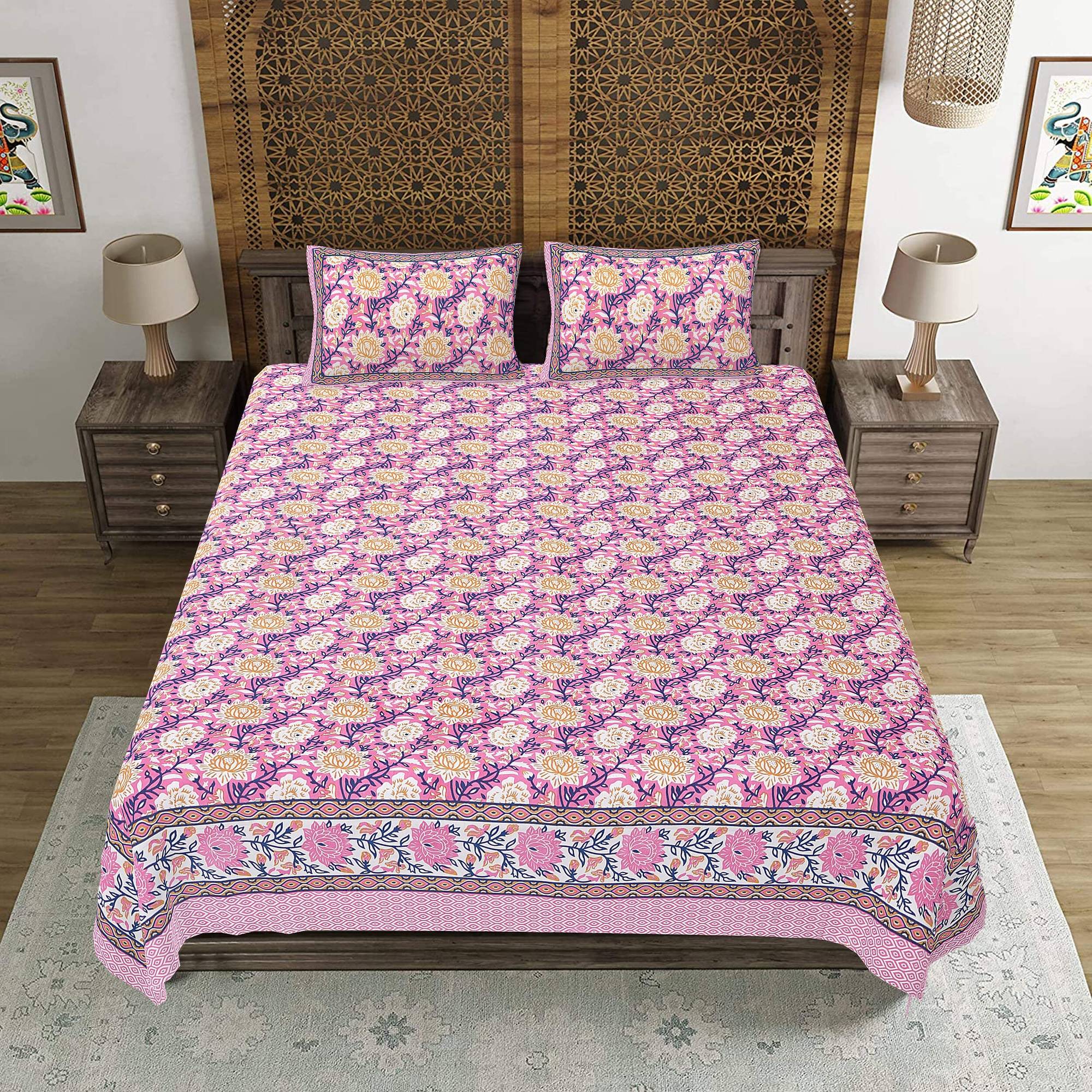 Rudra Bazaar Pink 210 TC Cotton Double King Bedsheet With 2 Pillow Covers - Distacart