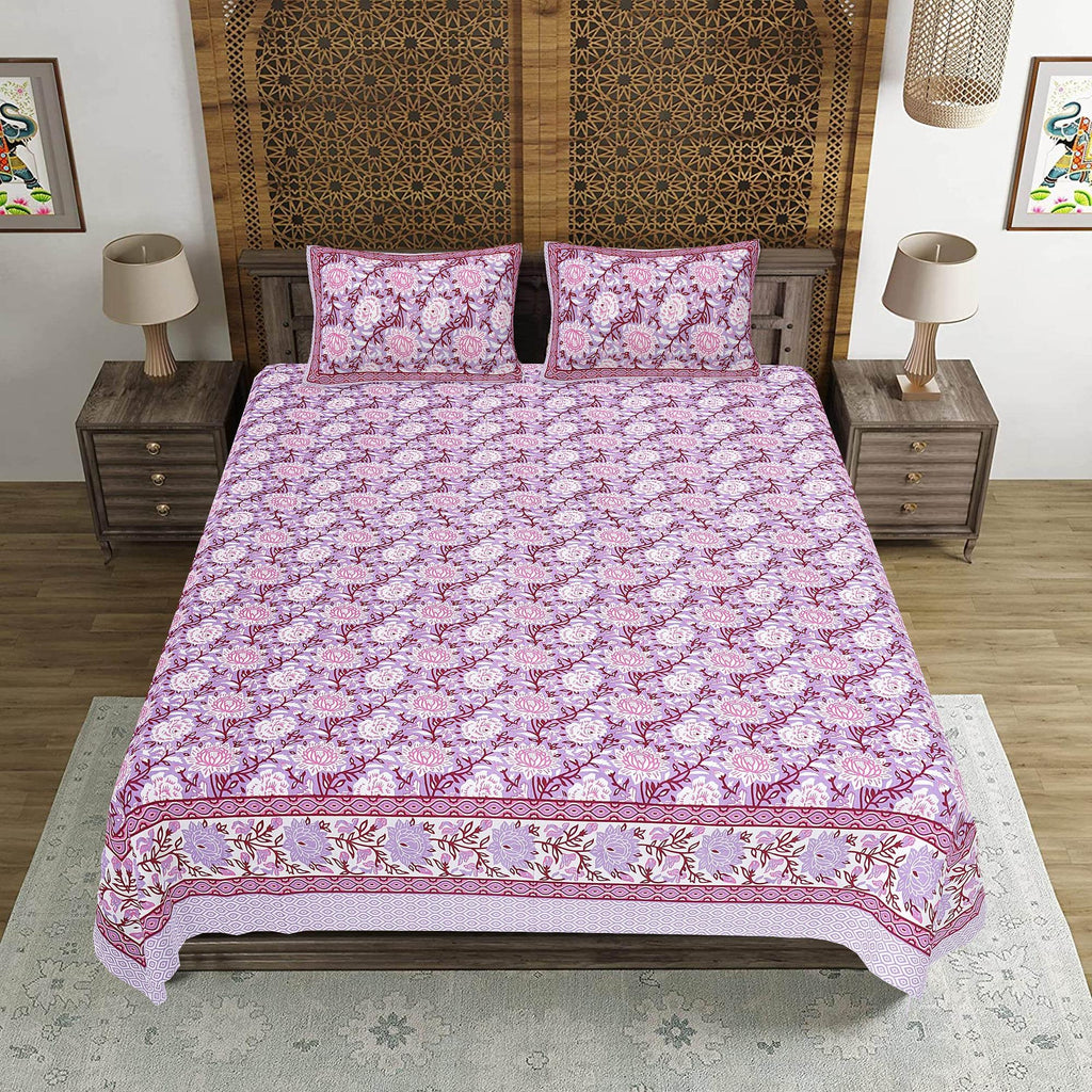 Rudra Bazaar Purple 210 TC Cotton Double King Bedsheet With 2 Pillow Covers - Distacart