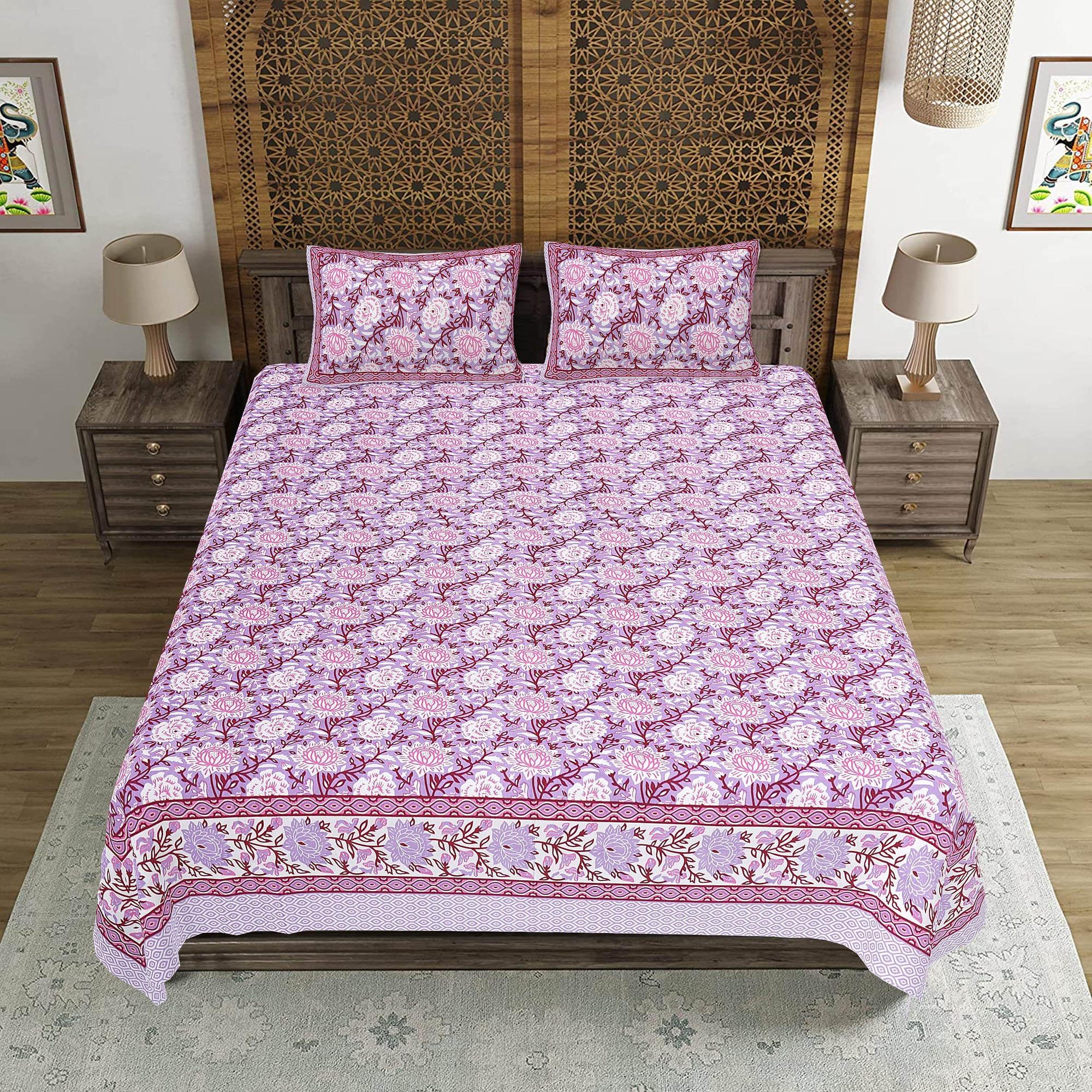Rudra Bazaar Purple 210 TC Cotton Double King Bedsheet With 2 Pillow Covers - Distacart