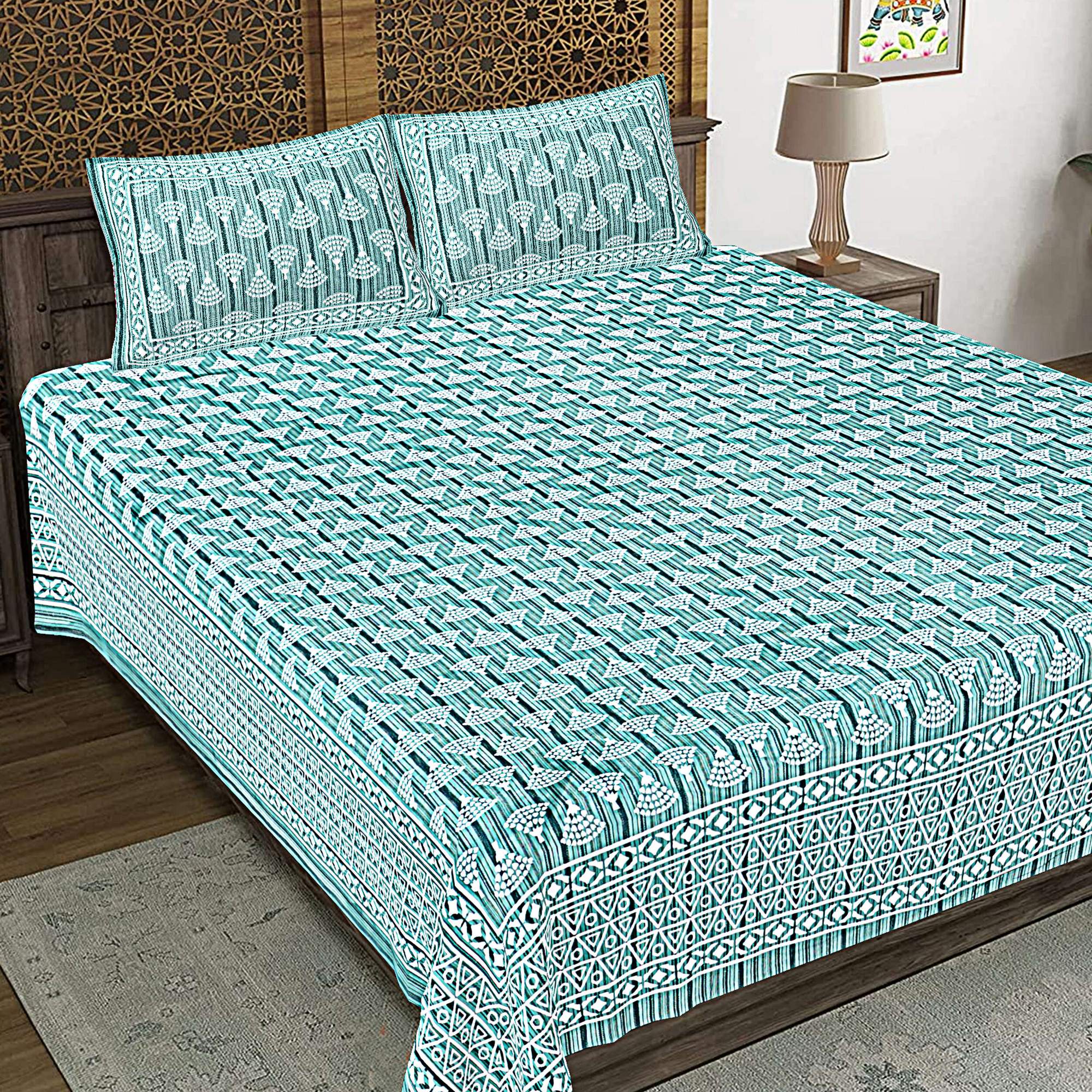 Rudra Bazaar Sea Green 210 TC Cotton Double King Bedsheet With 2 Pillow Covers - Distacart