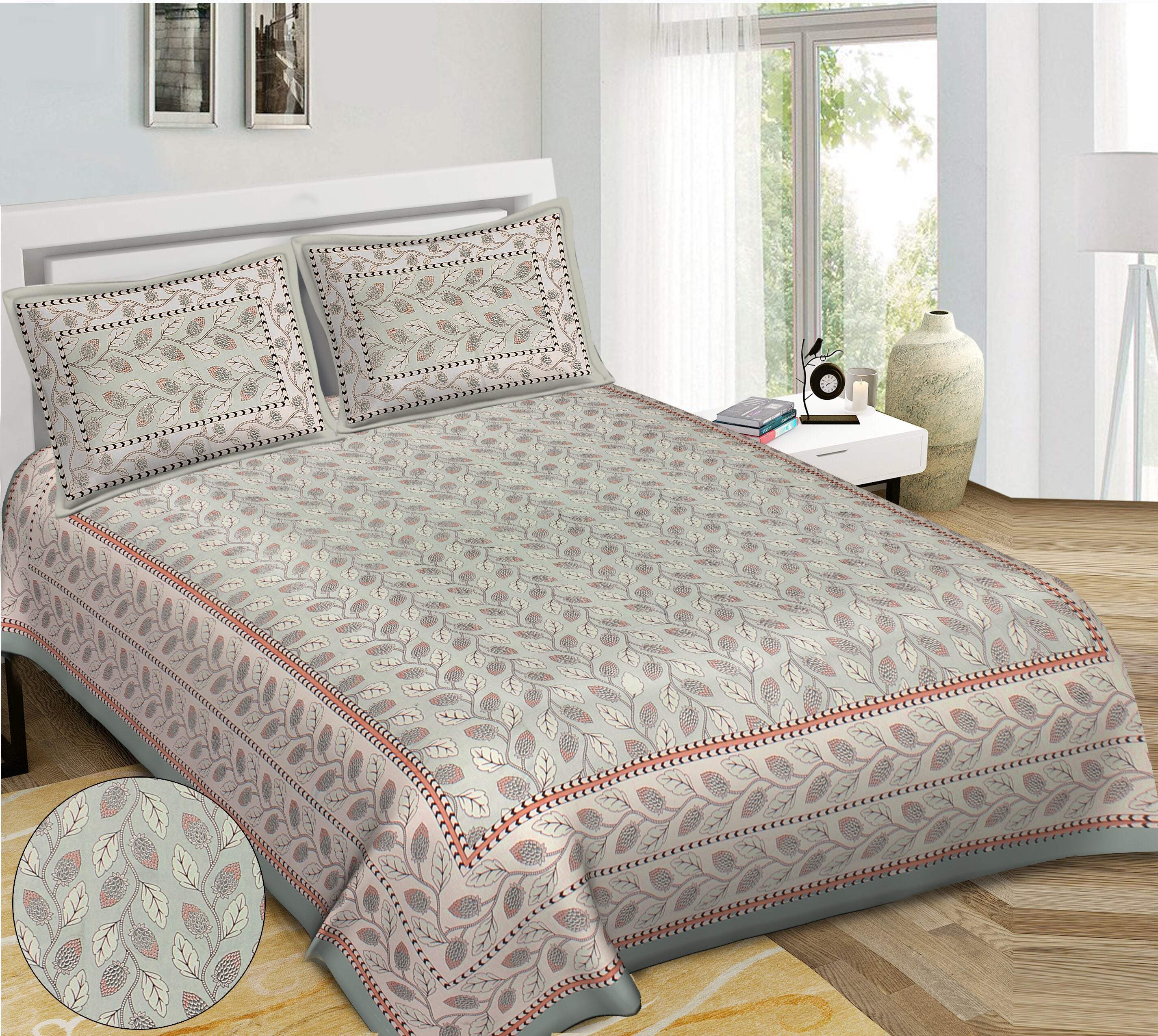 Rudra Bazaar Sea Green 210 TC Cotton Double King Bedsheet With 2 Pillow Covers - Distacart