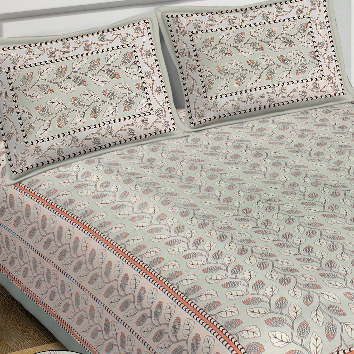 Rudra Bazaar Sea Green 210 TC Cotton Double King Bedsheet With 2 Pillow Covers - Distacart