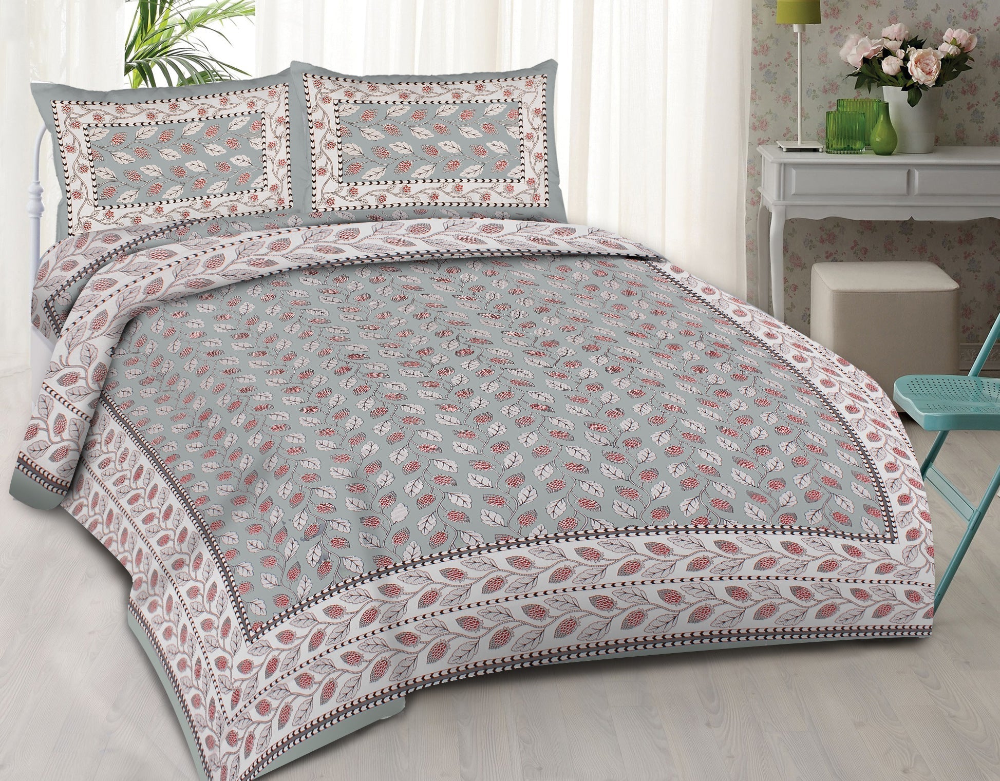 Rudra Bazaar Grey 210 TC Cotton Double King Bedsheet With 2 Pillow Covers - Distacart