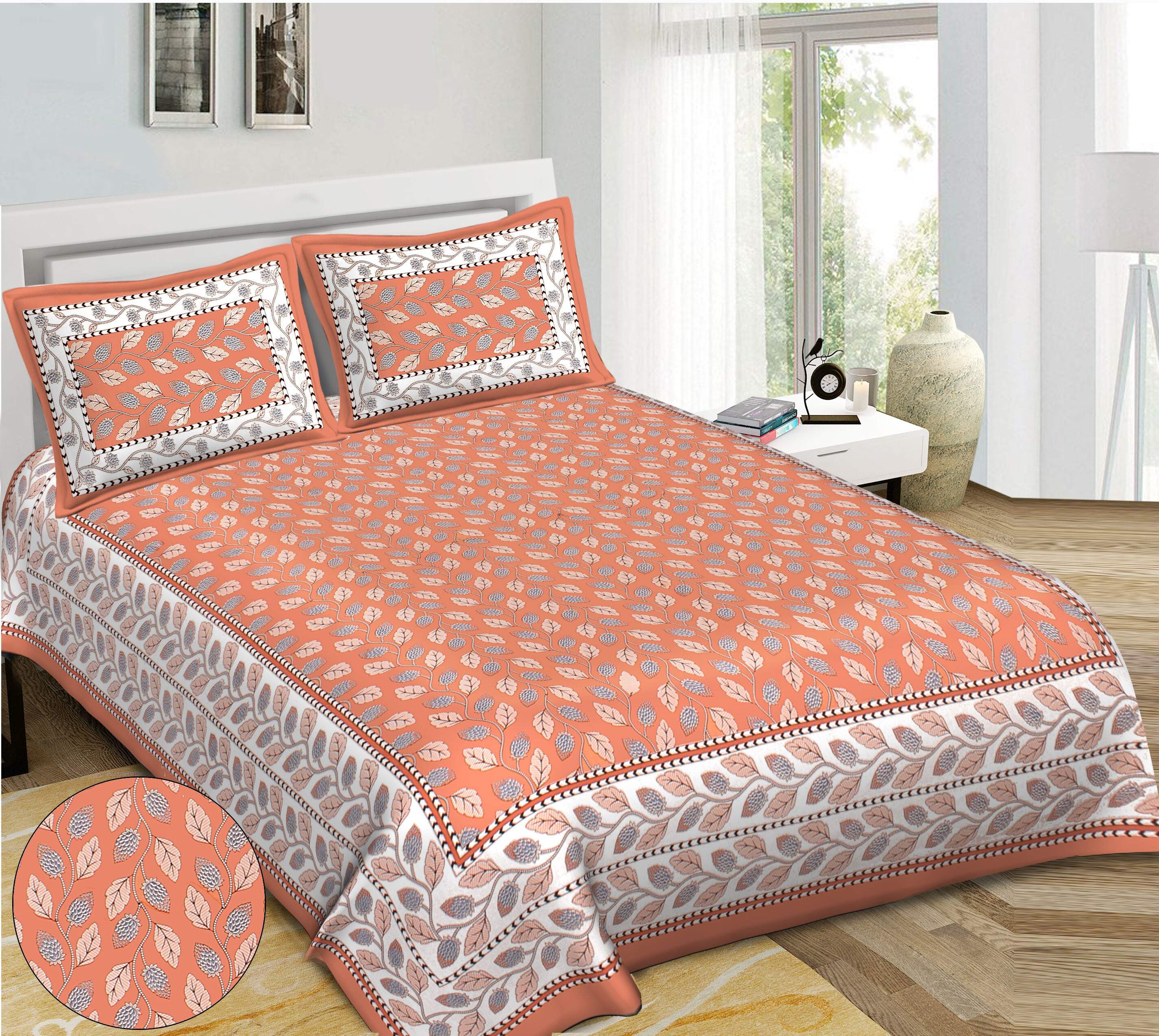 Rudra Bazaar Orange 210 TC Cotton Double King Bedsheet With 2 Pillow Covers - Distacart