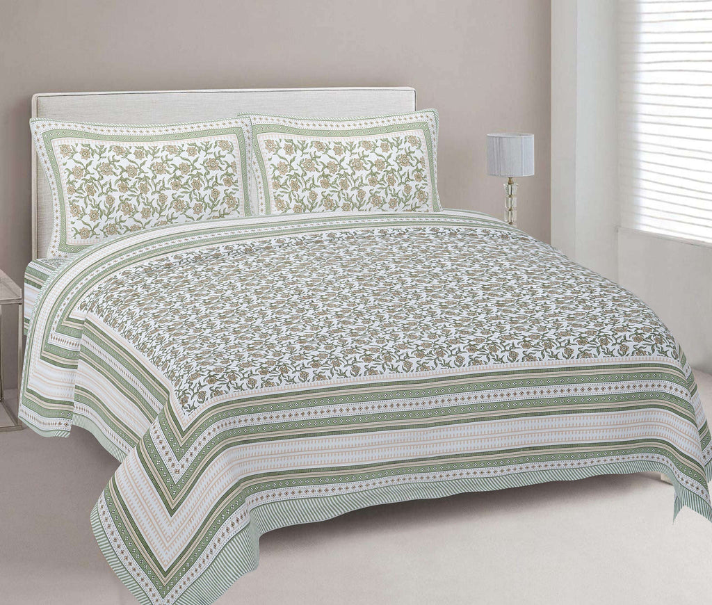 Rudra Bazaar Green 210 TC Cotton Double King Bedsheet With 2 Pillow Covers - Distacart