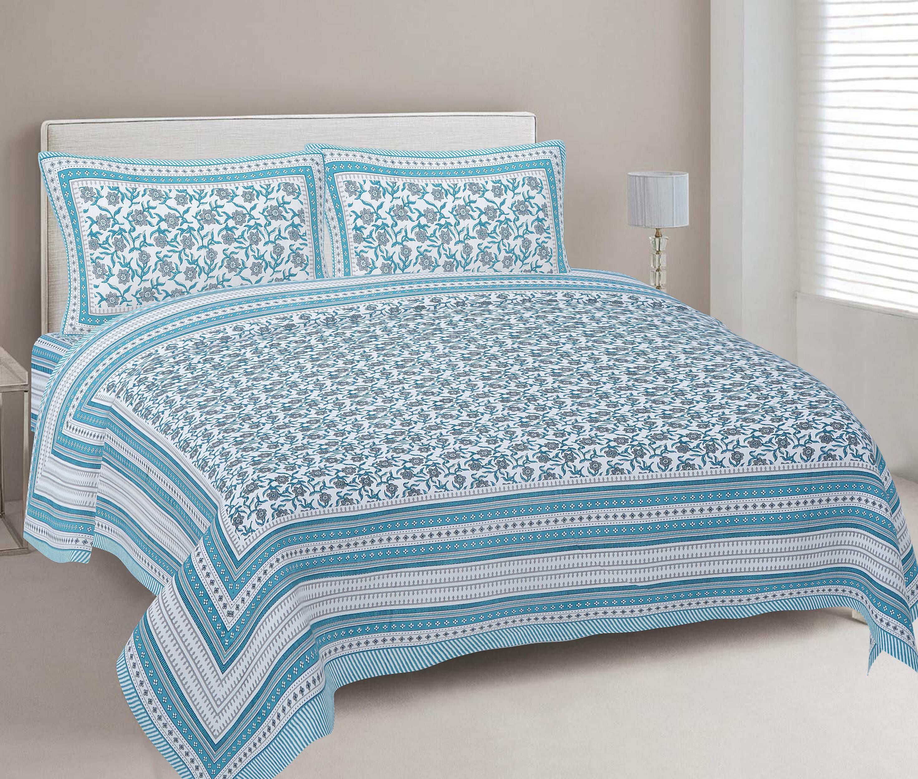 Rudra Bazaar Turquoise Blue 210 TC Cotton Double King Bedsheet With 2 Pillow Covers - Distacart