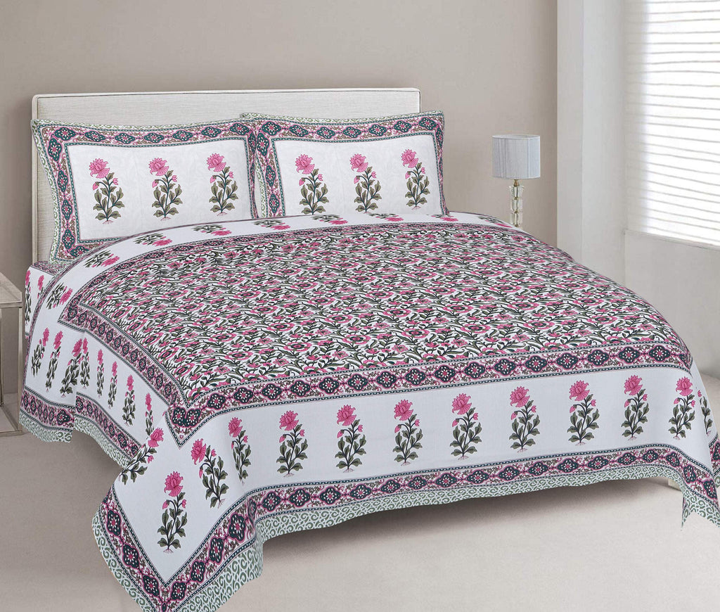 Rudra Bazaar Green 210 TC Cotton Double King Bedsheet With 2 Pillow Covers - Distacart