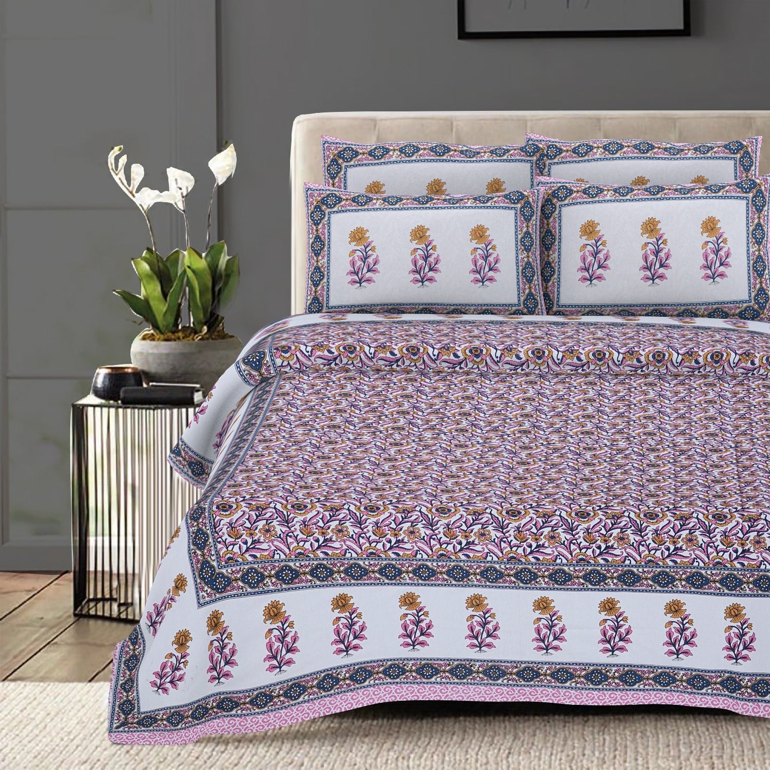 Rudra Bazaar Pink 210 TC Cotton Double King Bedsheet With 2 Pillow Covers - Distacart