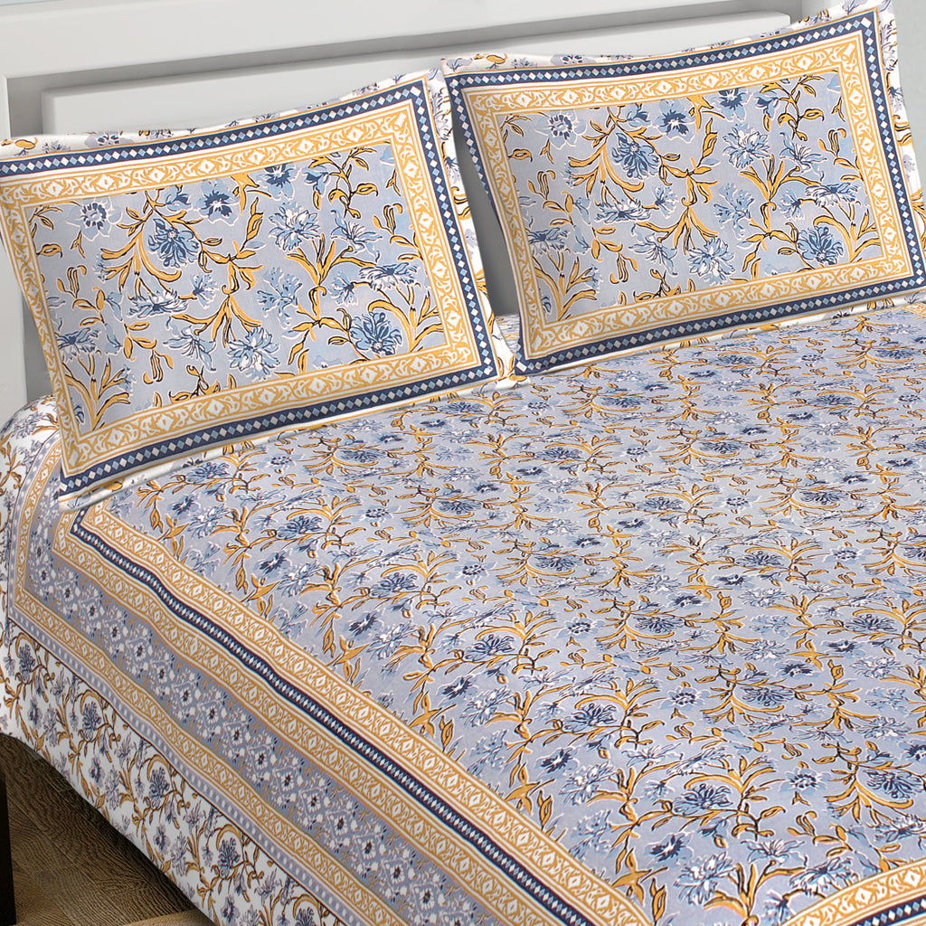 Rudra Bazaar Blue 210 TC Cotton Double King Bedsheet With 2 Pillow Covers - Distacart