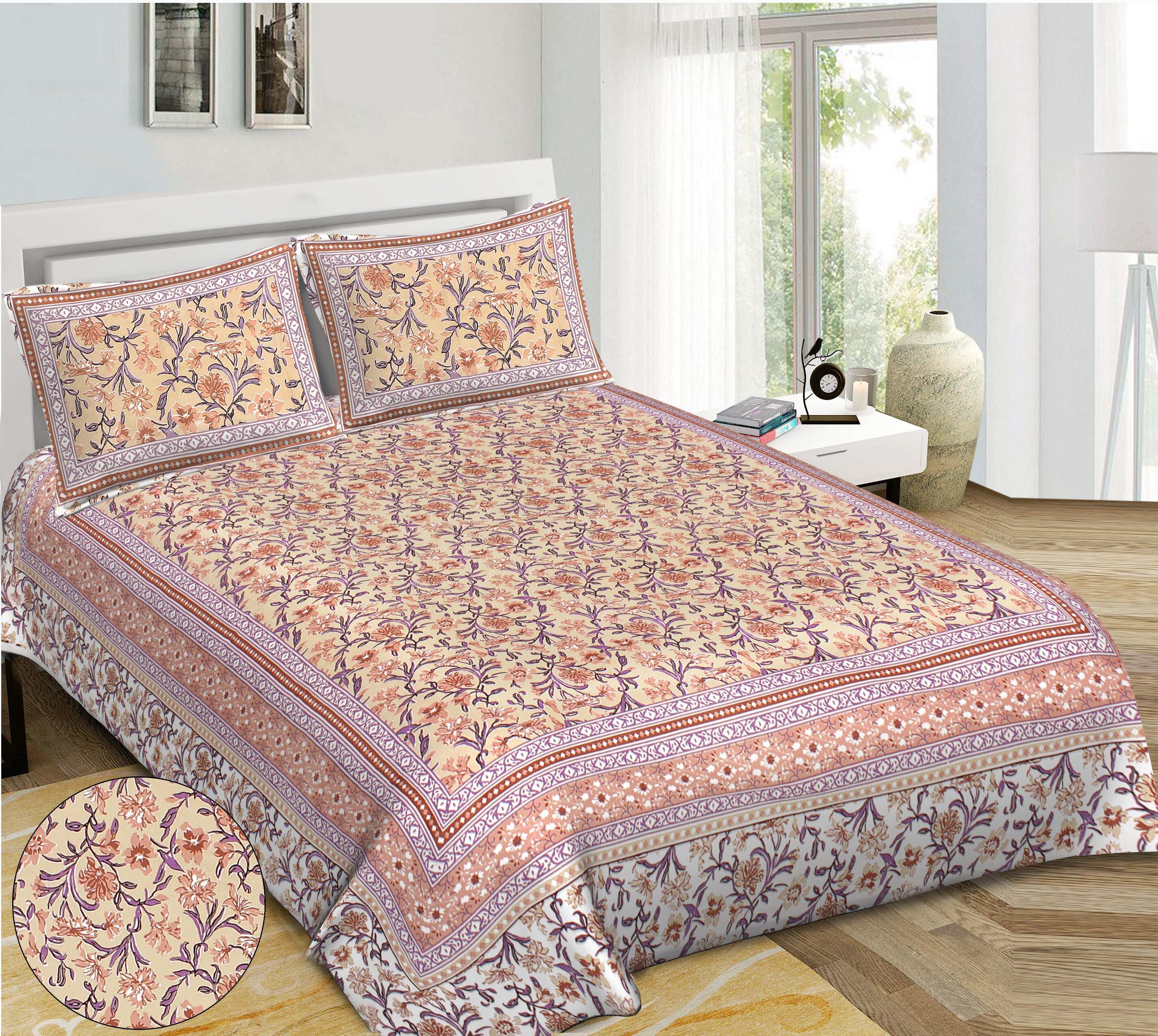 Rudra Bazaar Brown 210 TC Cotton Double King Bedsheet With 2 Pillow Covers - Distacart