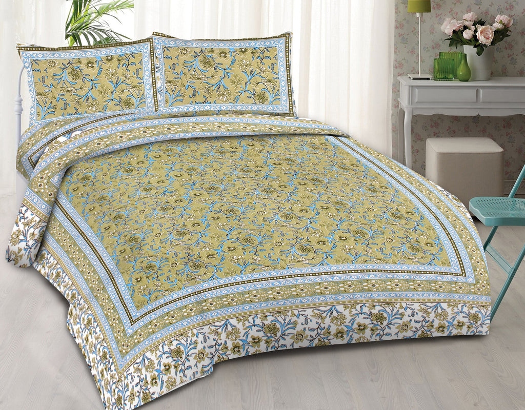 Rudra Bazaar Green 210 TC Cotton Double King Bedsheet With 2 Pillow Covers - Distacart