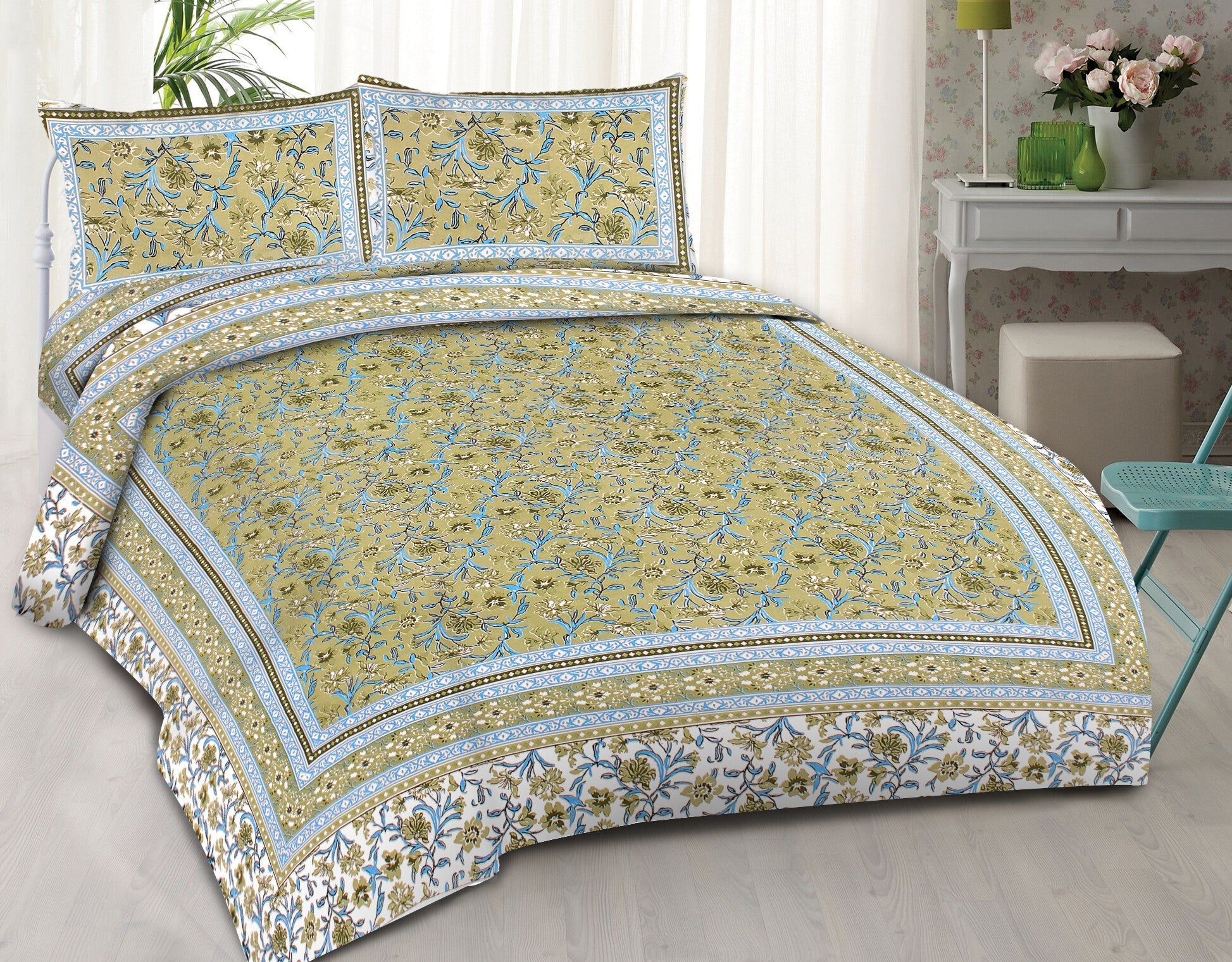 Rudra Bazaar Green 210 TC Cotton Double King Bedsheet With 2 Pillow Covers - Distacart