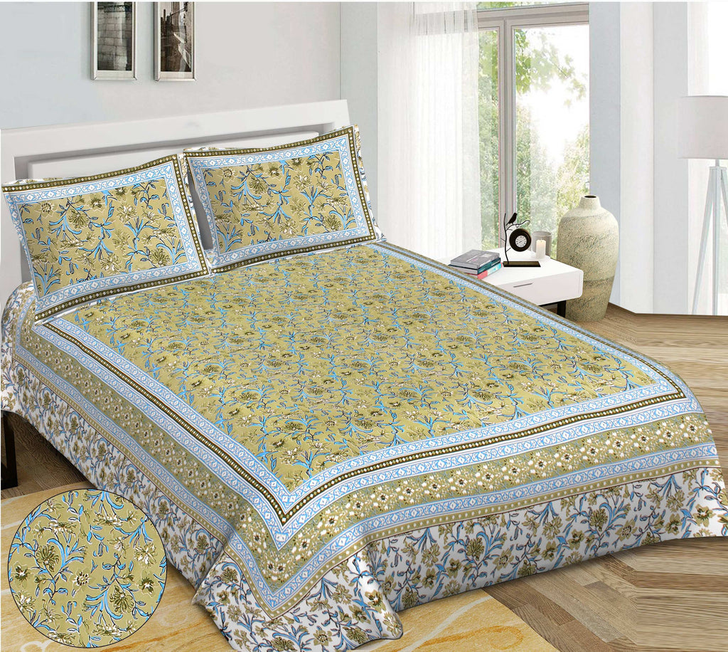 Rudra Bazaar Green 210 TC Cotton Double King Bedsheet With 2 Pillow Covers - Distacart