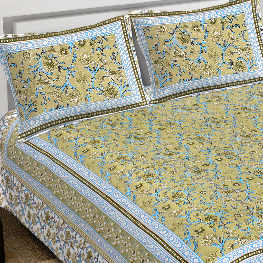 Rudra Bazaar Green 210 TC Cotton Double King Bedsheet With 2 Pillow Covers - Distacart
