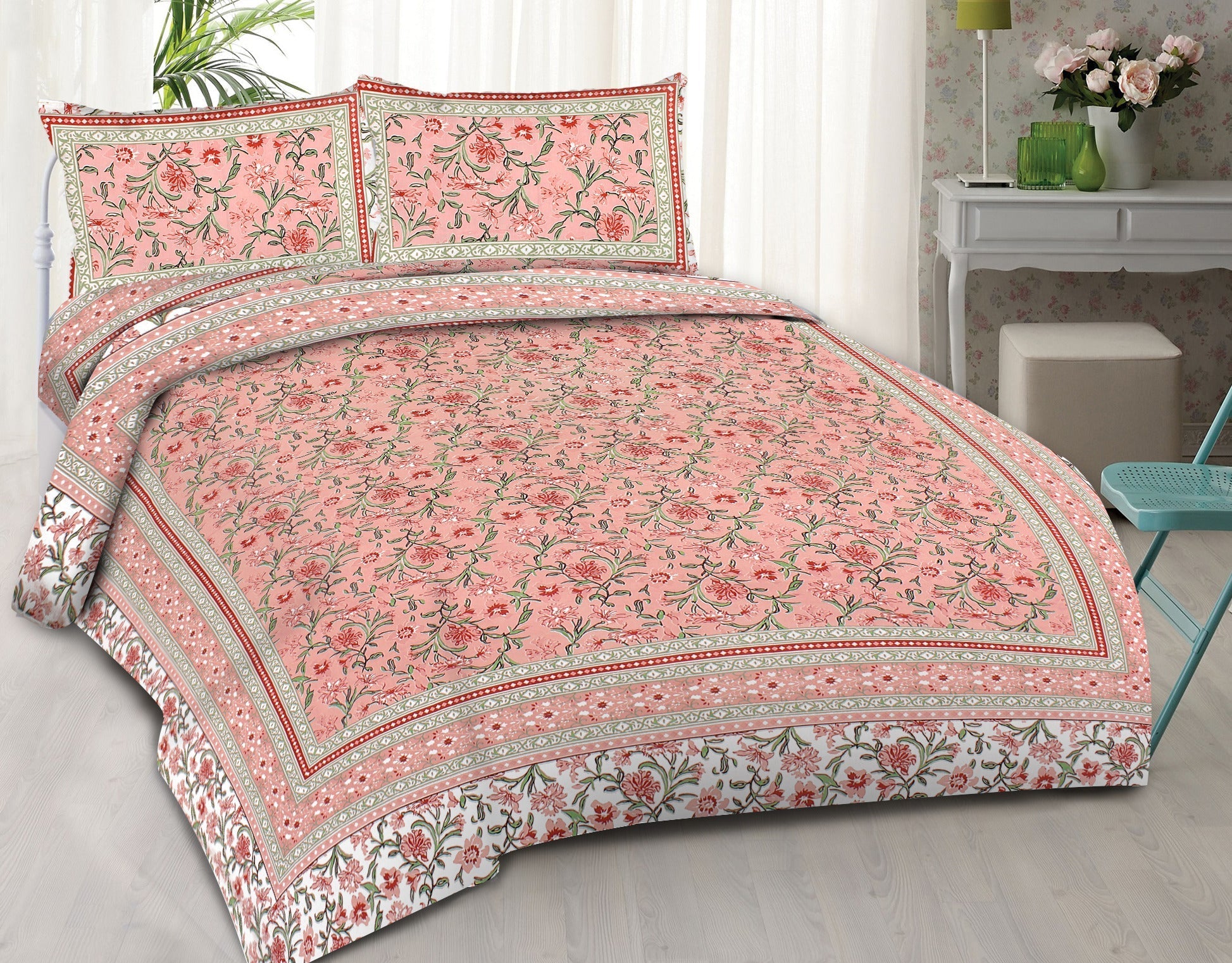 Rudra Bazaar Pink 210 TC Cotton Double King Bedsheet With 2 Pillow Covers - Distacart