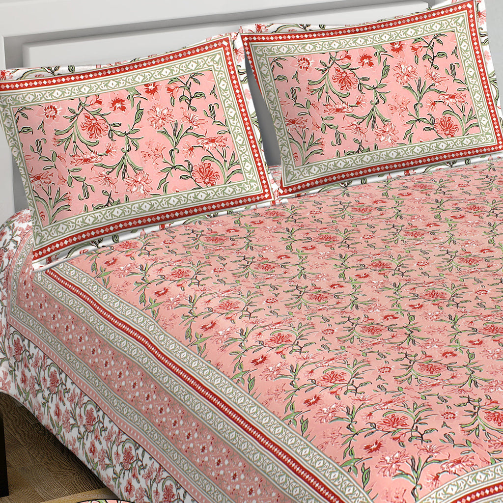 Rudra Bazaar Pink 210 TC Cotton Double King Bedsheet With 2 Pillow Covers - Distacart