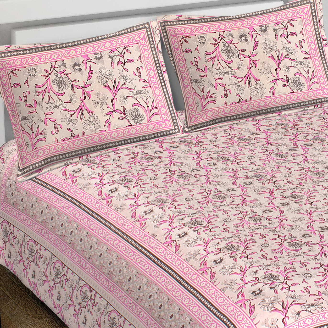Rudra Bazaar Pink 210 TC Cotton Double King Bedsheet With 2 Pillow Covers - Distacart