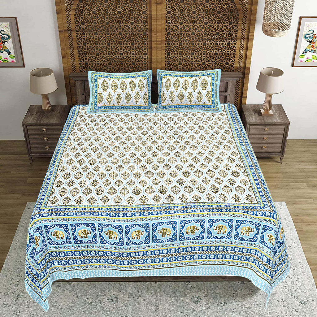 Rudra Bazaar Blue 210 TC Cotton Double King Bedsheet With 2 Pillow Covers - Distacart