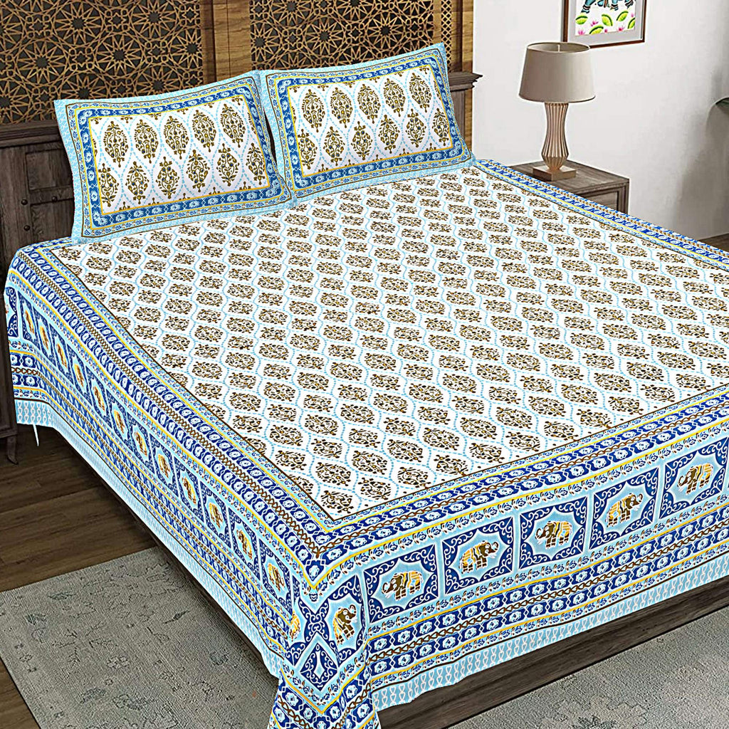 Rudra Bazaar Blue 210 TC Cotton Double King Bedsheet With 2 Pillow Covers - Distacart
