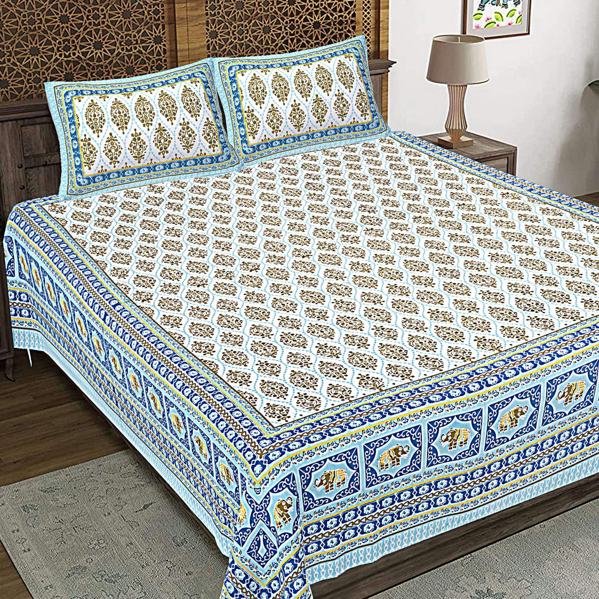 Rudra Bazaar Blue 210 TC Cotton Double King Bedsheet With 2 Pillow Covers - Distacart