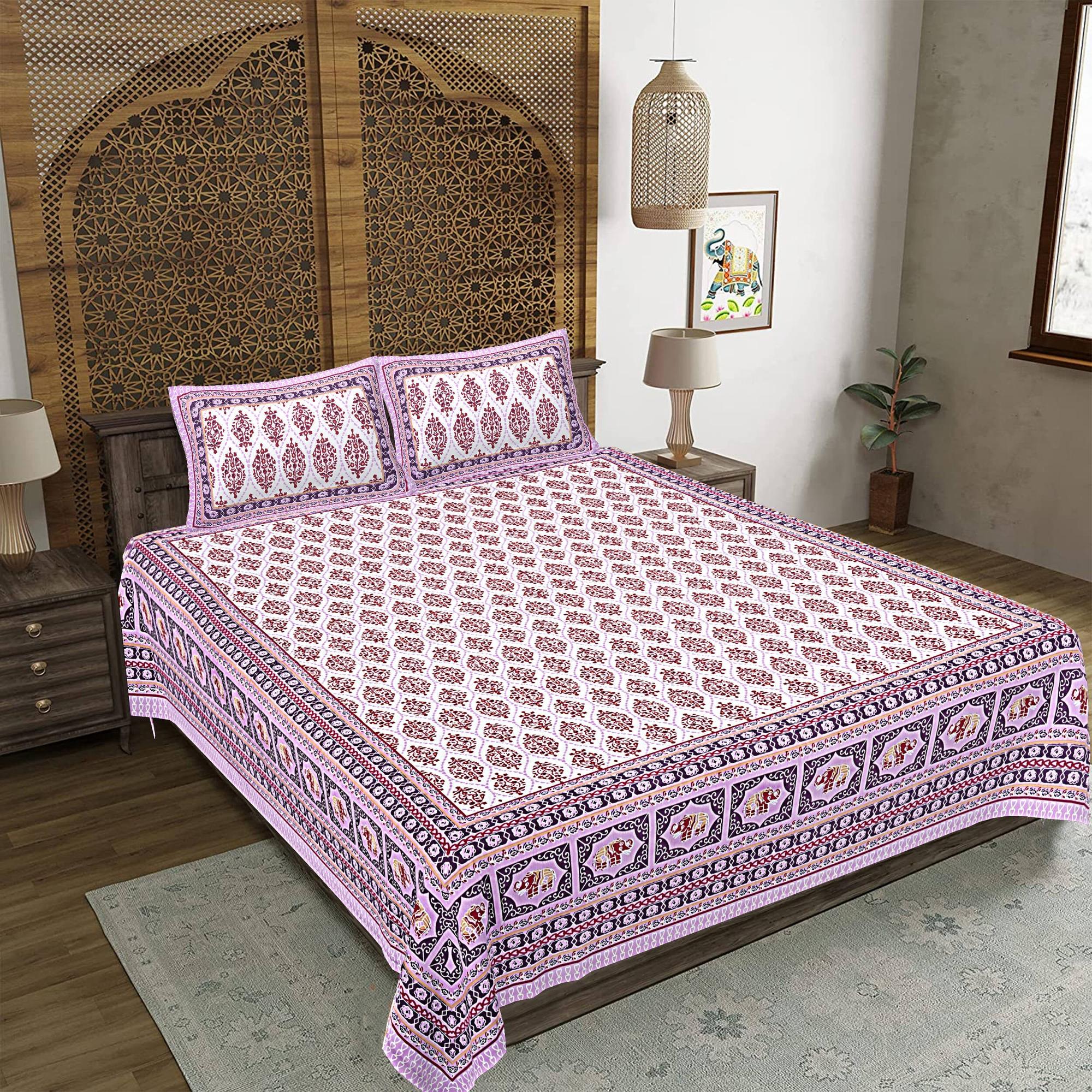 Rudra Bazaar Purple 210 TC Cotton Double King Bedsheet With 2 Pillow Covers - Distacart