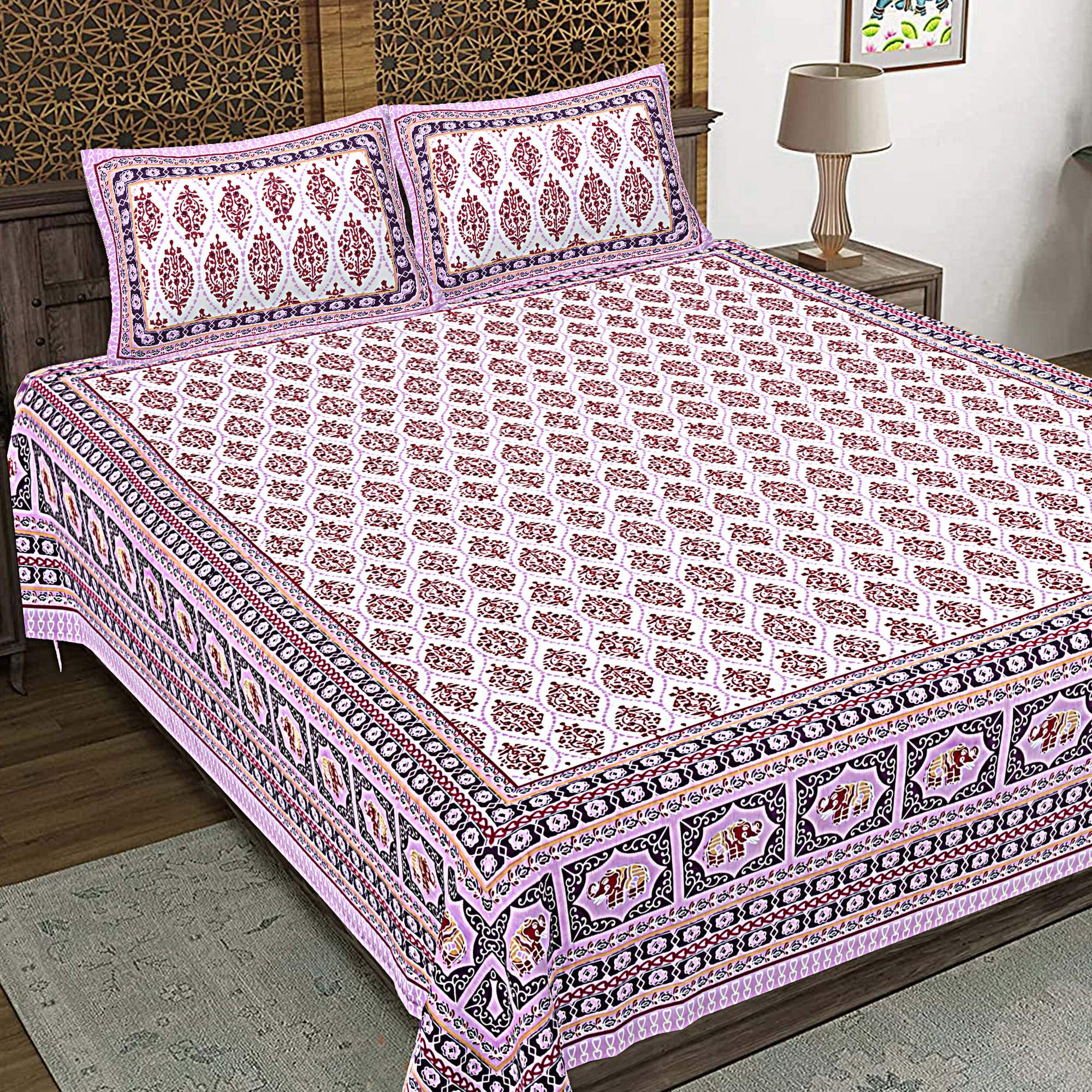 Rudra Bazaar Purple 210 TC Cotton Double King Bedsheet With 2 Pillow Covers - Distacart