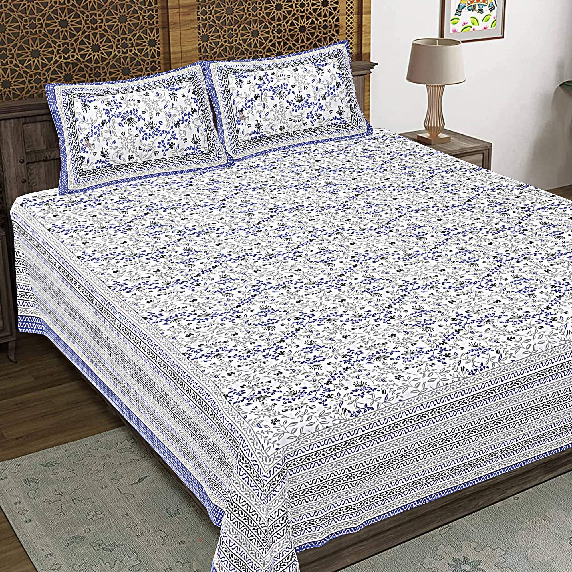 Rudra Bazaar Blue 210 TC Cotton Double King Bedsheet With 2 Pillow Covers - Distacart