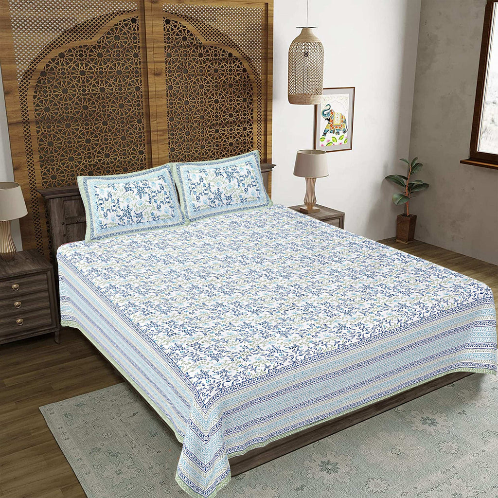 Rudra Bazaar Green 210 TC Cotton Double King Bedsheet With 2 Pillow Covers - Distacart