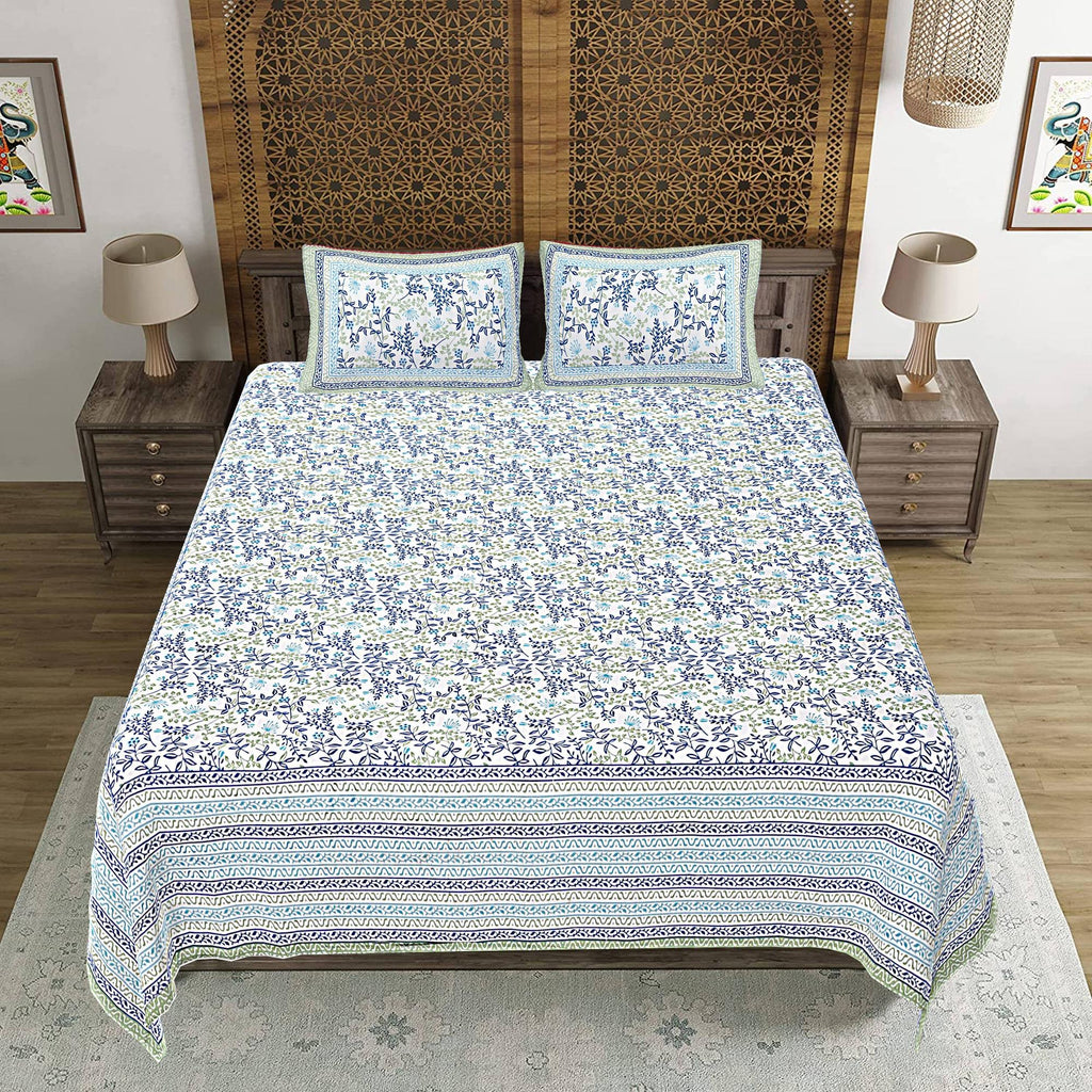 Rudra Bazaar Green 210 TC Cotton Double King Bedsheet With 2 Pillow Covers - Distacart