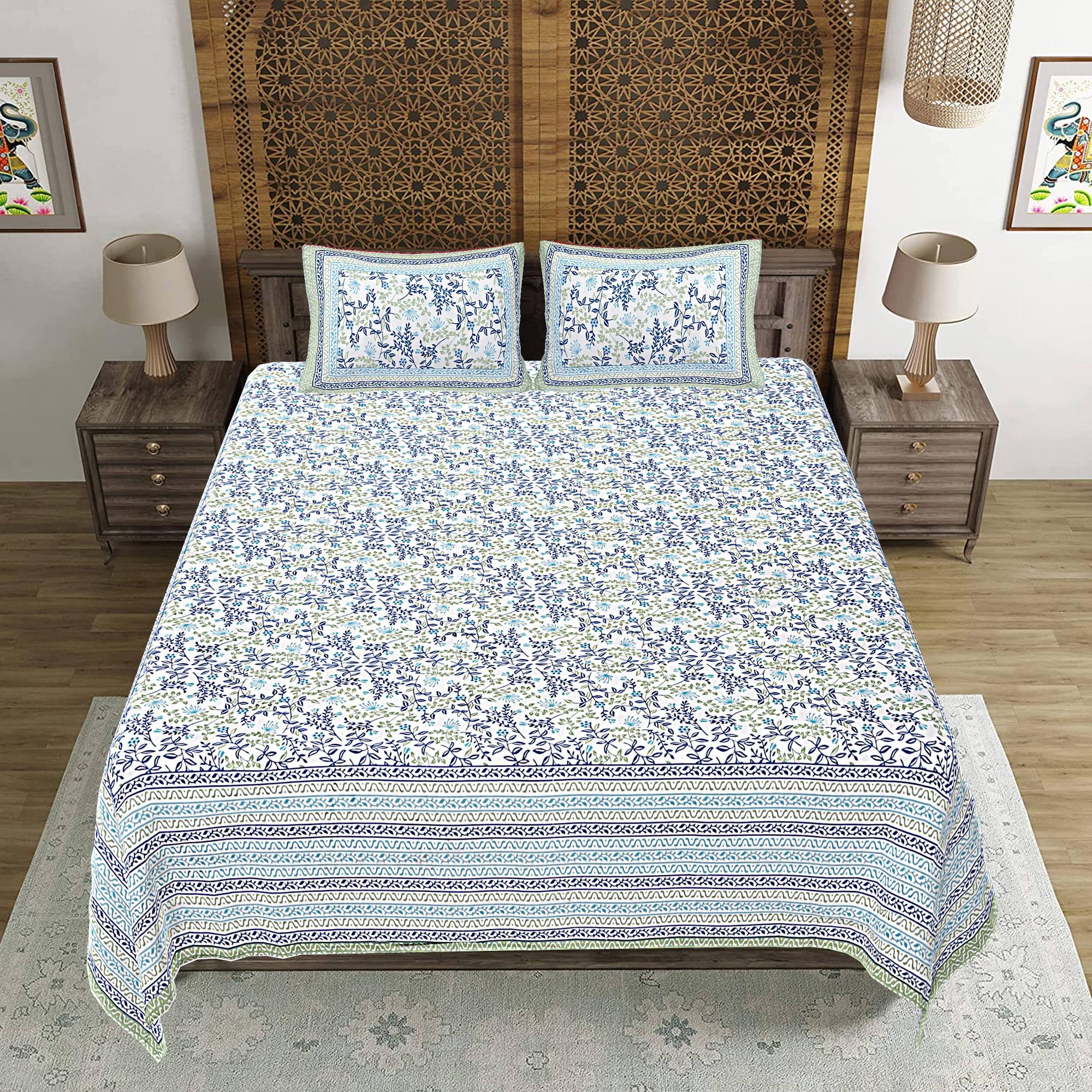 Rudra Bazaar Green 210 TC Cotton Double King Bedsheet With 2 Pillow Covers - Distacart