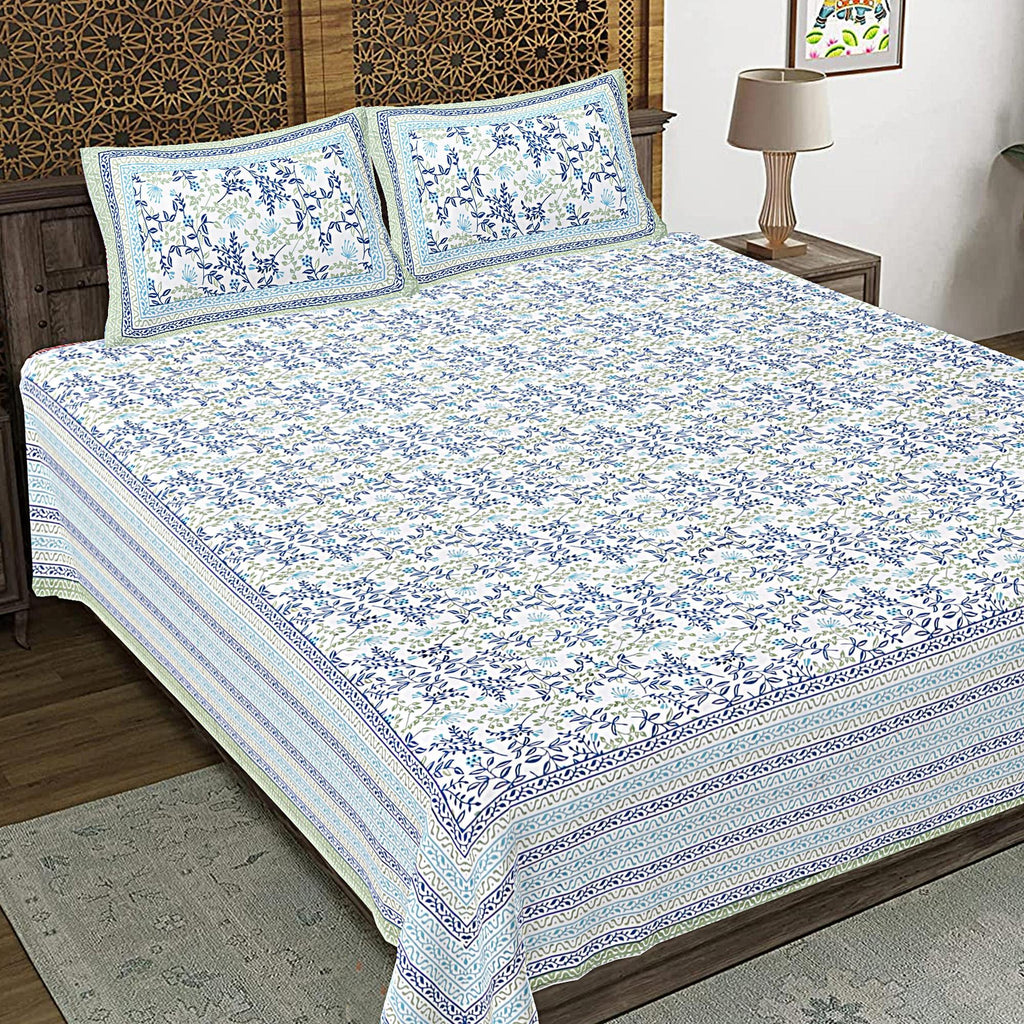 Rudra Bazaar Green 210 TC Cotton Double King Bedsheet With 2 Pillow Covers - Distacart
