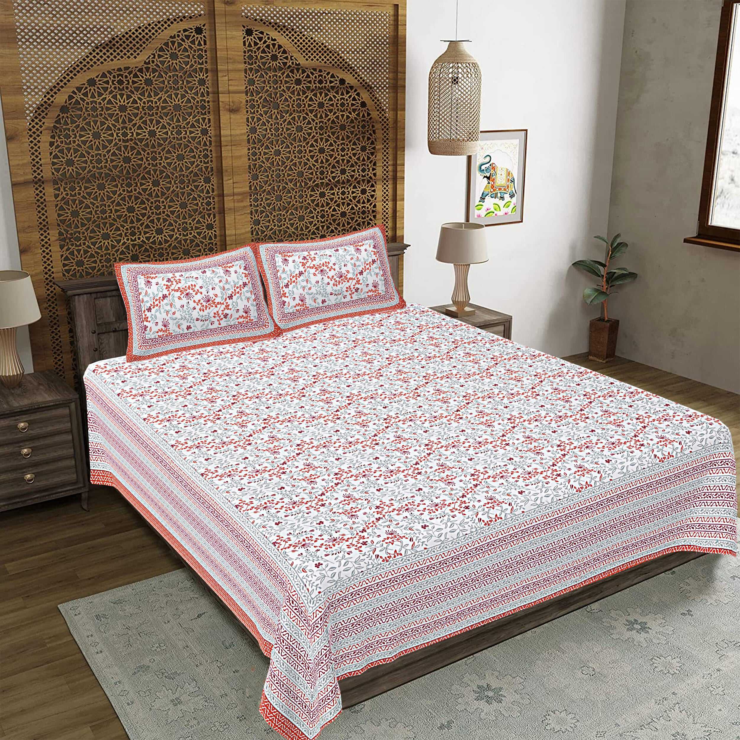 Rudra Bazaar Orange 210 TC Cotton Double King Bedsheet With 2 Pillow Covers - Distacart