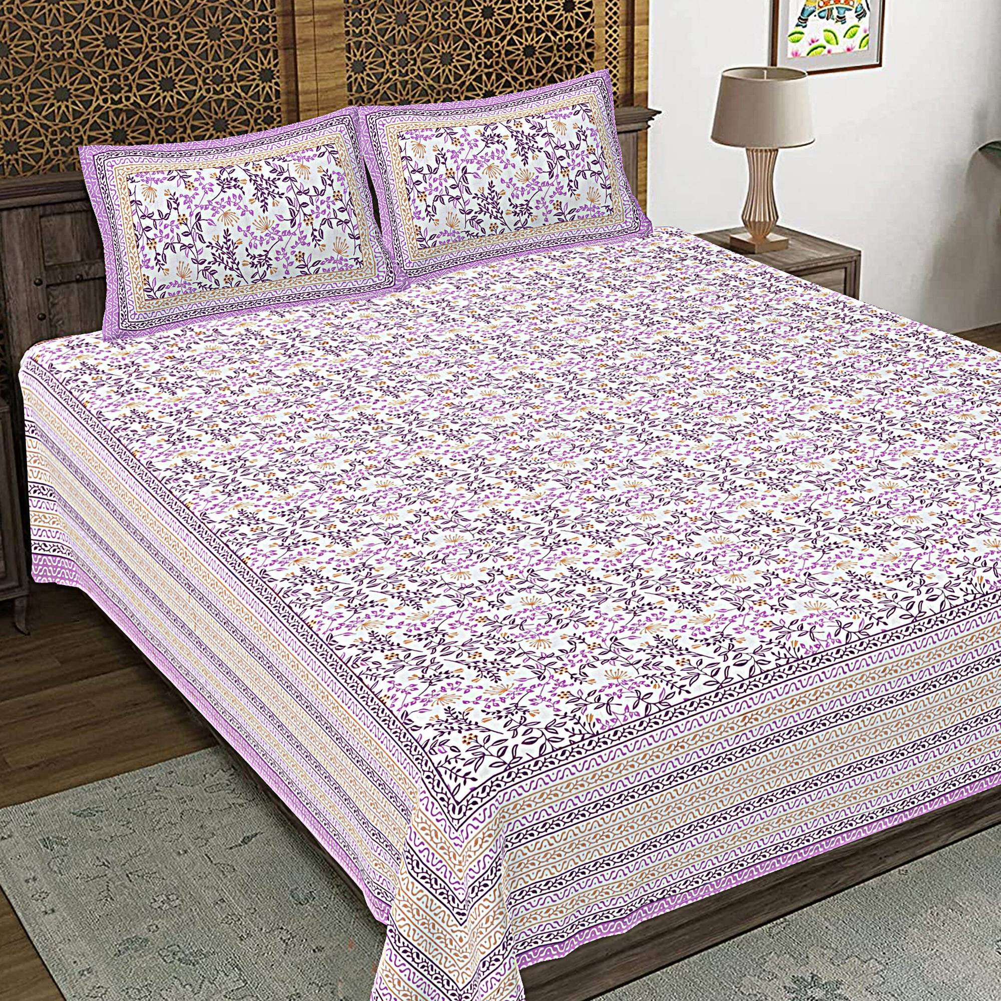 Rudra Bazaar Purple 210 TC Cotton Double King Bedsheet With 2 Pillow Covers - Distacart