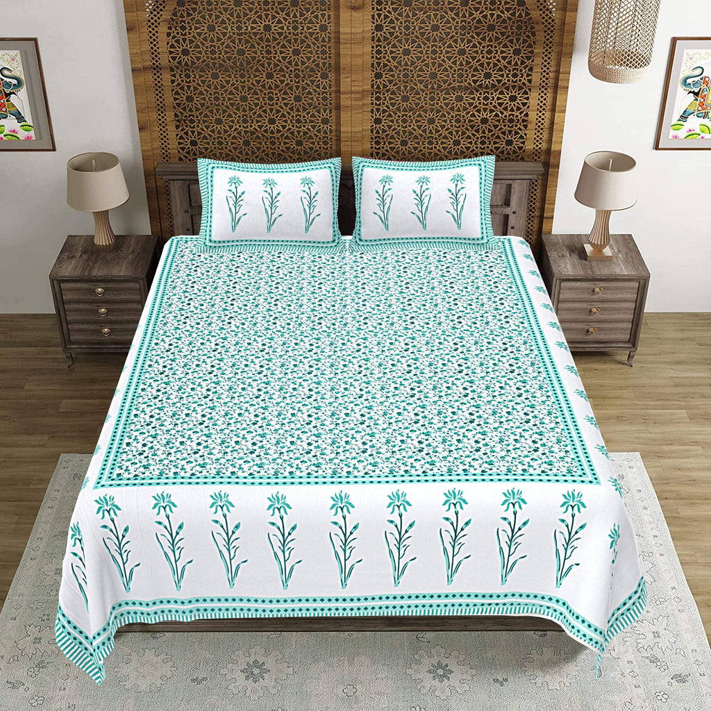 Rudra Bazaar Sea Green 210 TC Cotton Double King Bedsheet With 2 Pillow Covers - Distacart