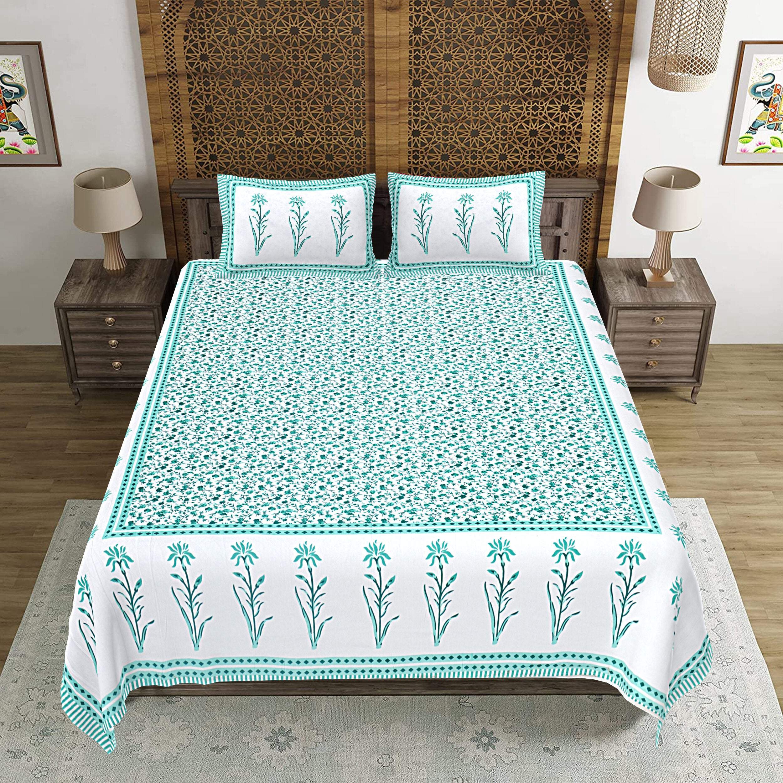 Rudra Bazaar Sea Green 210 TC Cotton Double King Bedsheet With 2 Pillow Covers - Distacart