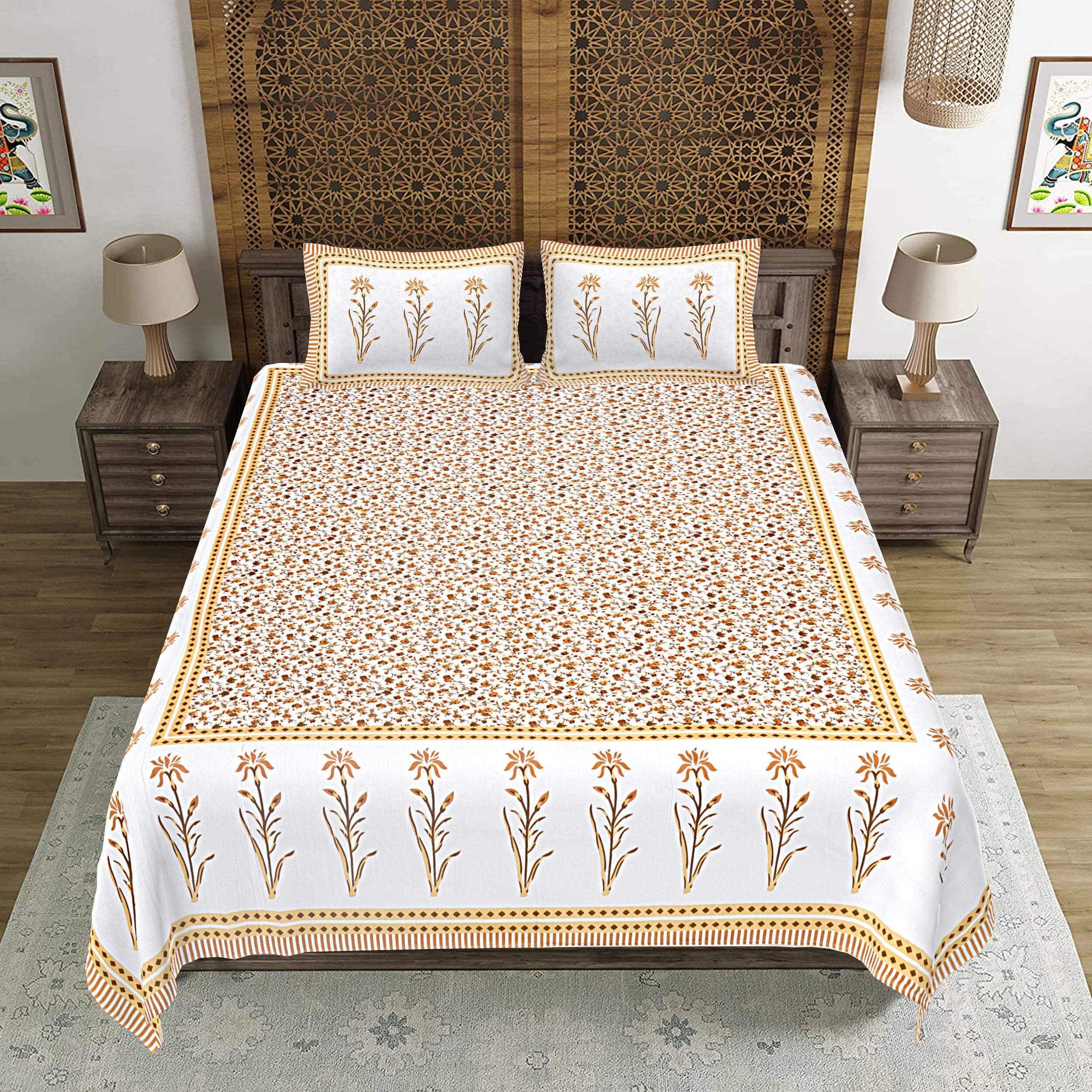 Rudra Bazaar Yellow 210 TC Cotton Double King Bedsheet With 2 Pillow Covers - Distacart