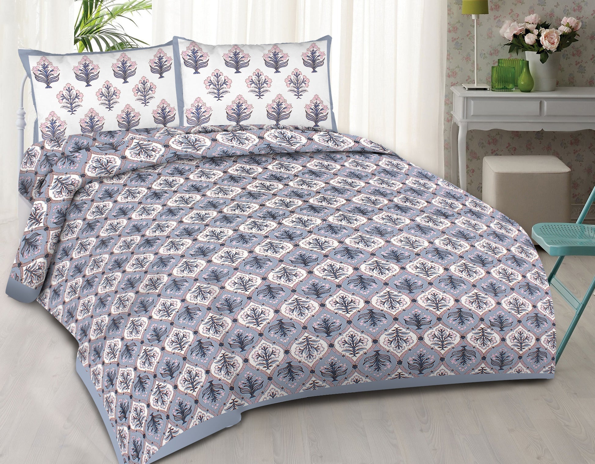 Rudra Bazaar Blue 210 TC Cotton Double King Bedsheet With 2 Pillow Covers - Distacart