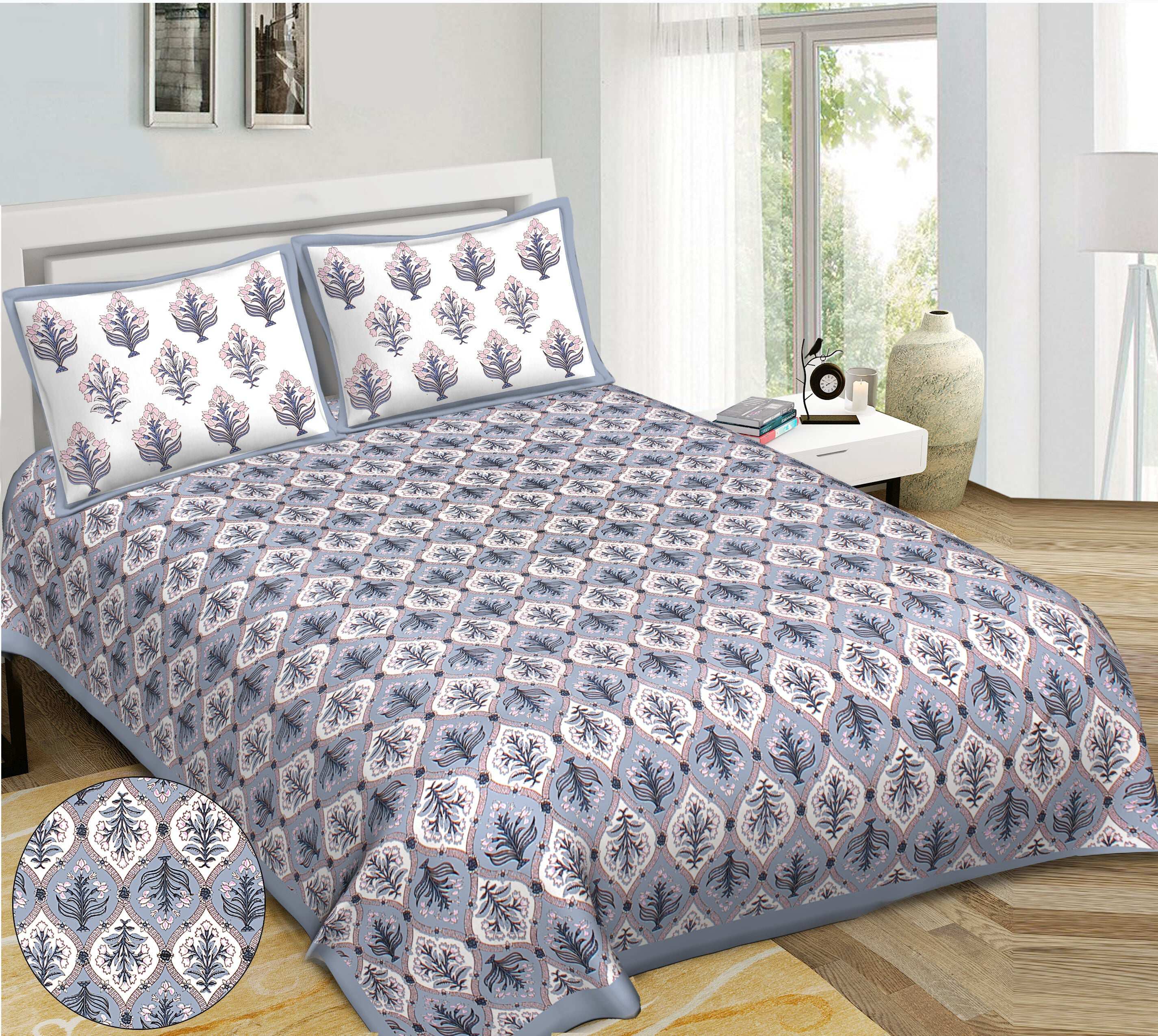 Rudra Bazaar Blue 210 TC Cotton Double King Bedsheet With 2 Pillow Covers - Distacart