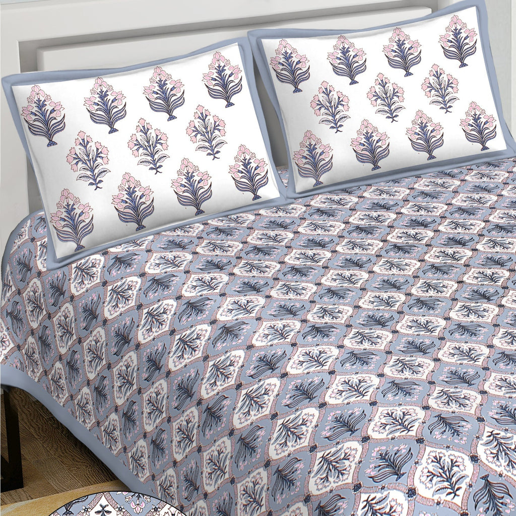 Rudra Bazaar Blue 210 TC Cotton Double King Bedsheet With 2 Pillow Covers - Distacart