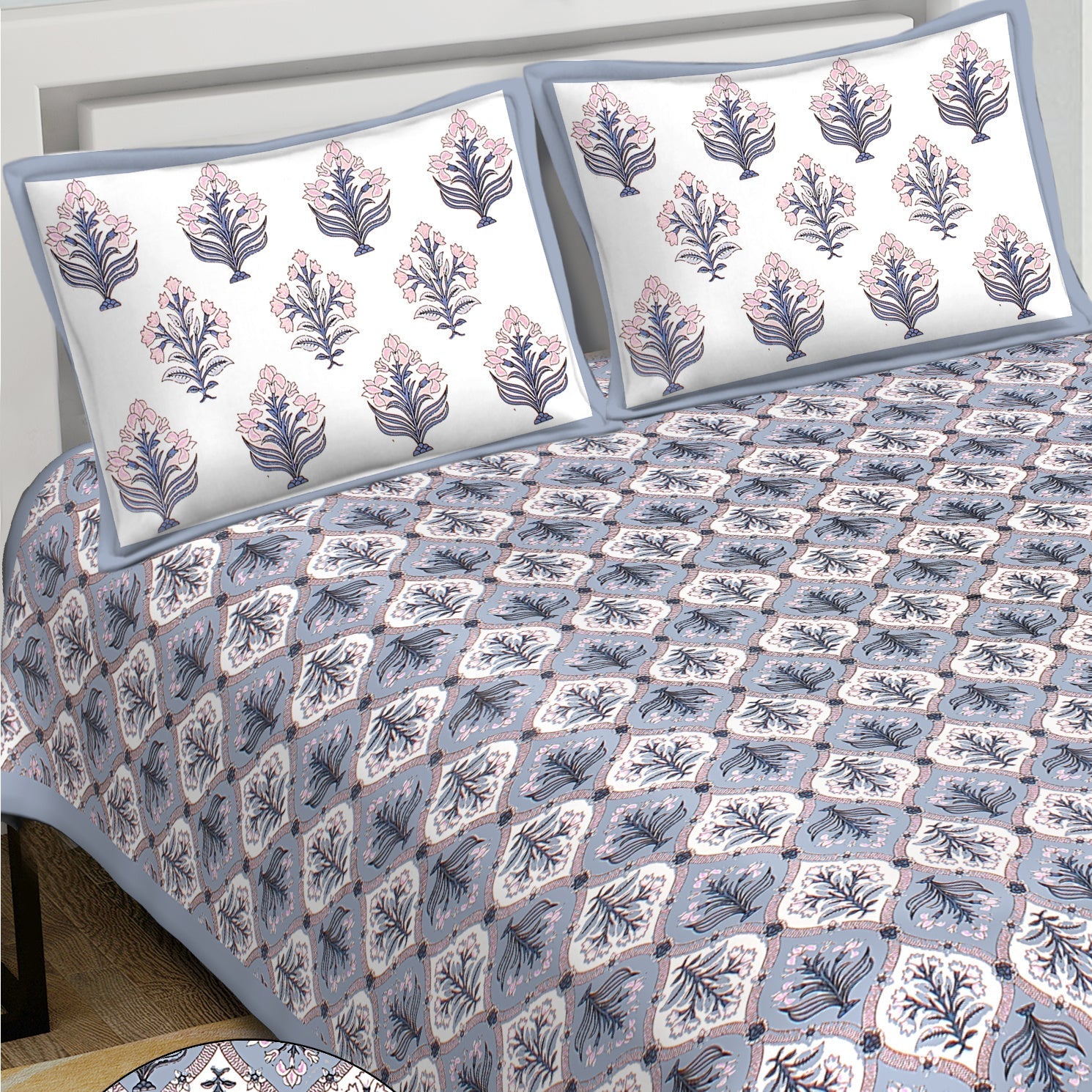 Rudra Bazaar Blue 210 TC Cotton Double King Bedsheet With 2 Pillow Covers - Distacart