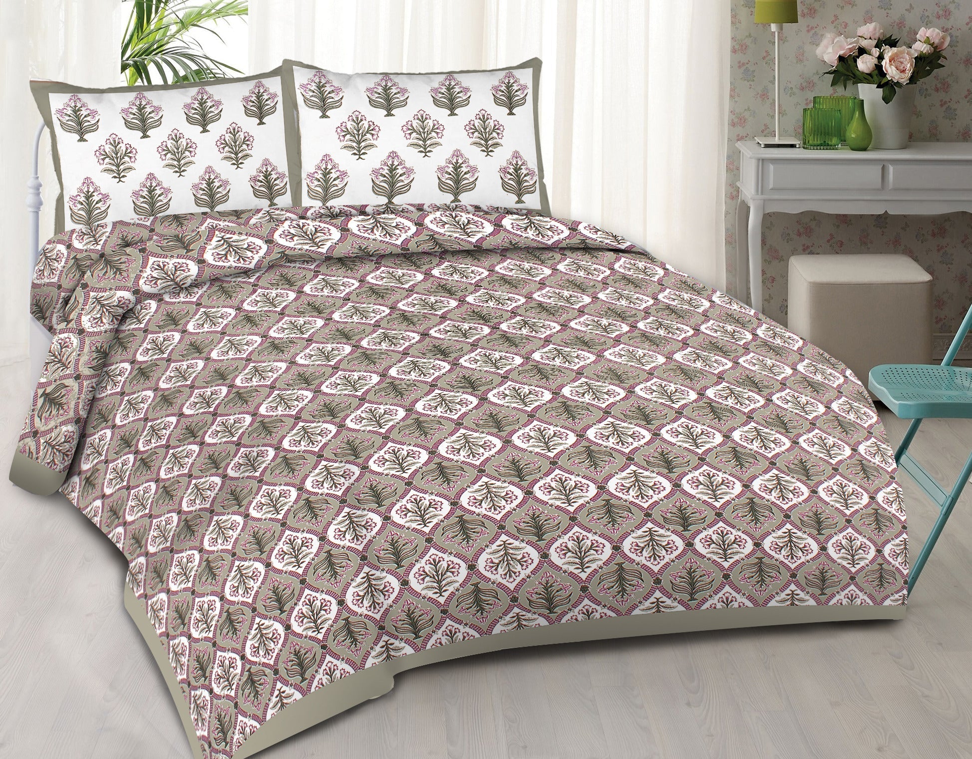 Rudra Bazaar Grey 210 TC Cotton Double King Bedsheet With 2 Pillow Covers - Distacart