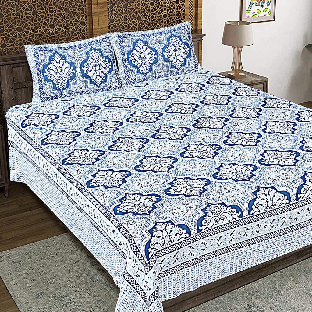 Rudra Bazaar Blue 210 TC Cotton Double King Bedsheet With 2 Pillow Covers - Distacart