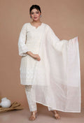 Miravan Women's Chikankari Cream Kurti Palazzo With Dupatta