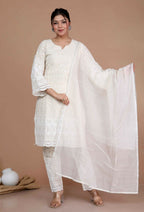 Miravan Women's Chikankari Cream Kurti Palazzo With Dupatta