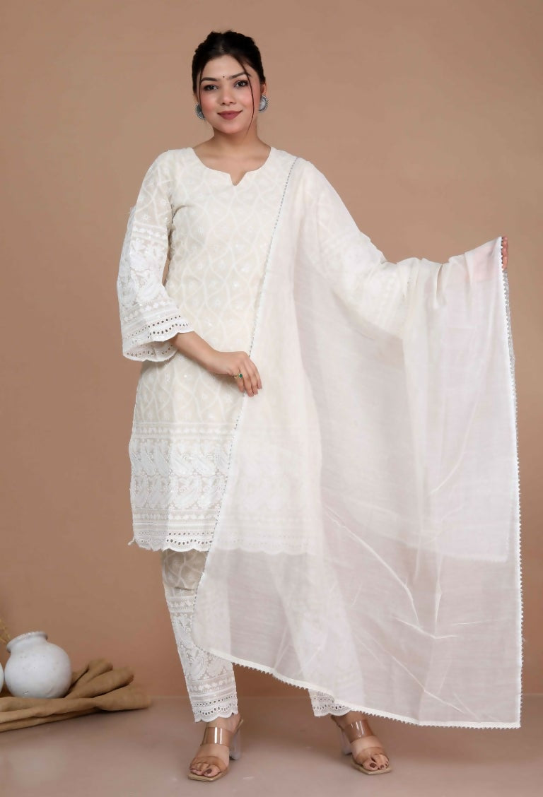 Miravan Women's Chikankari Cream Kurti Palazzo With Dupatta