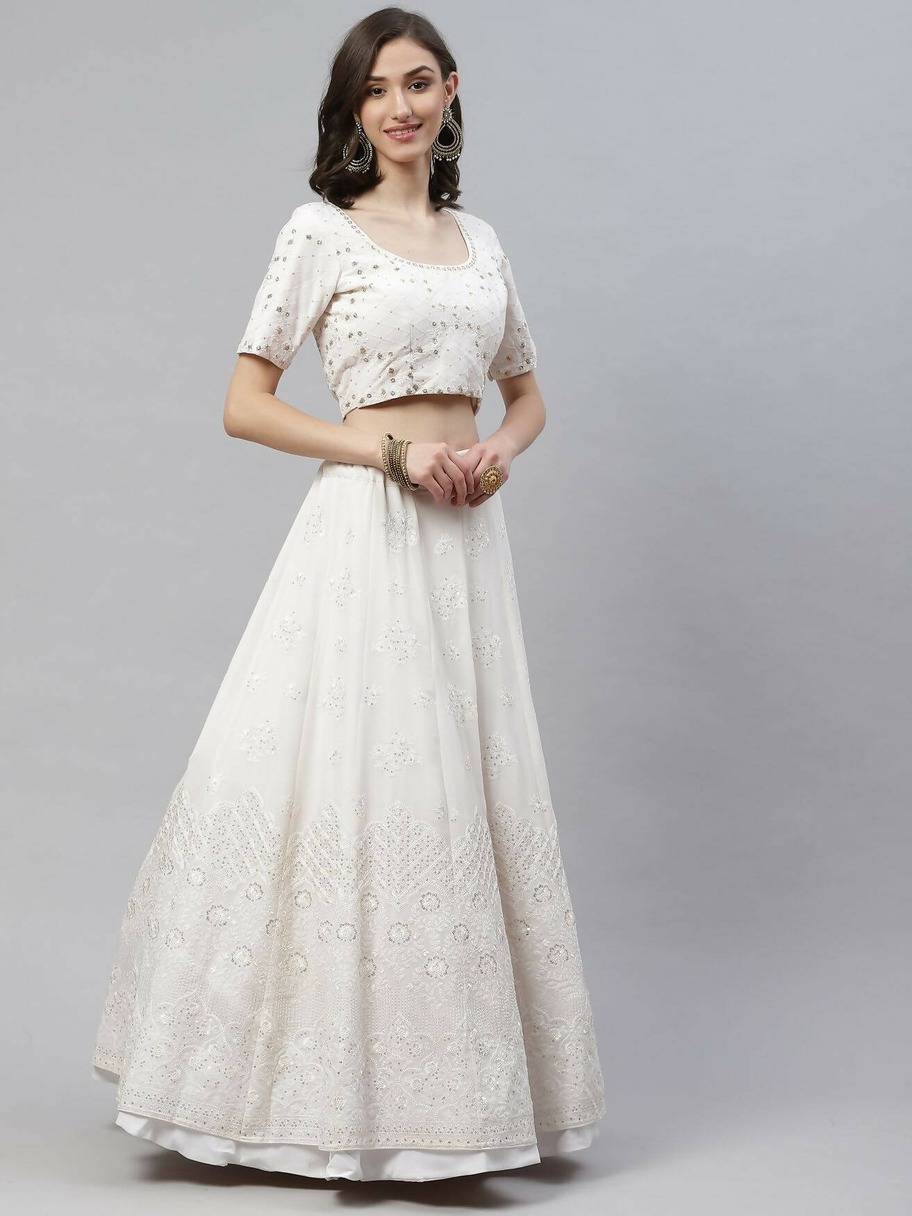 White Georgette Thread with Sequins Embroidered work Lehenga Choli with Dupatta - Jivika