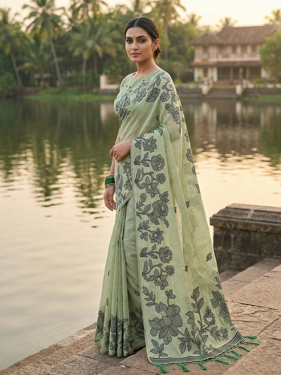 Shree Shyam Fashion Light Green Linen Cotton Saree - Distacart