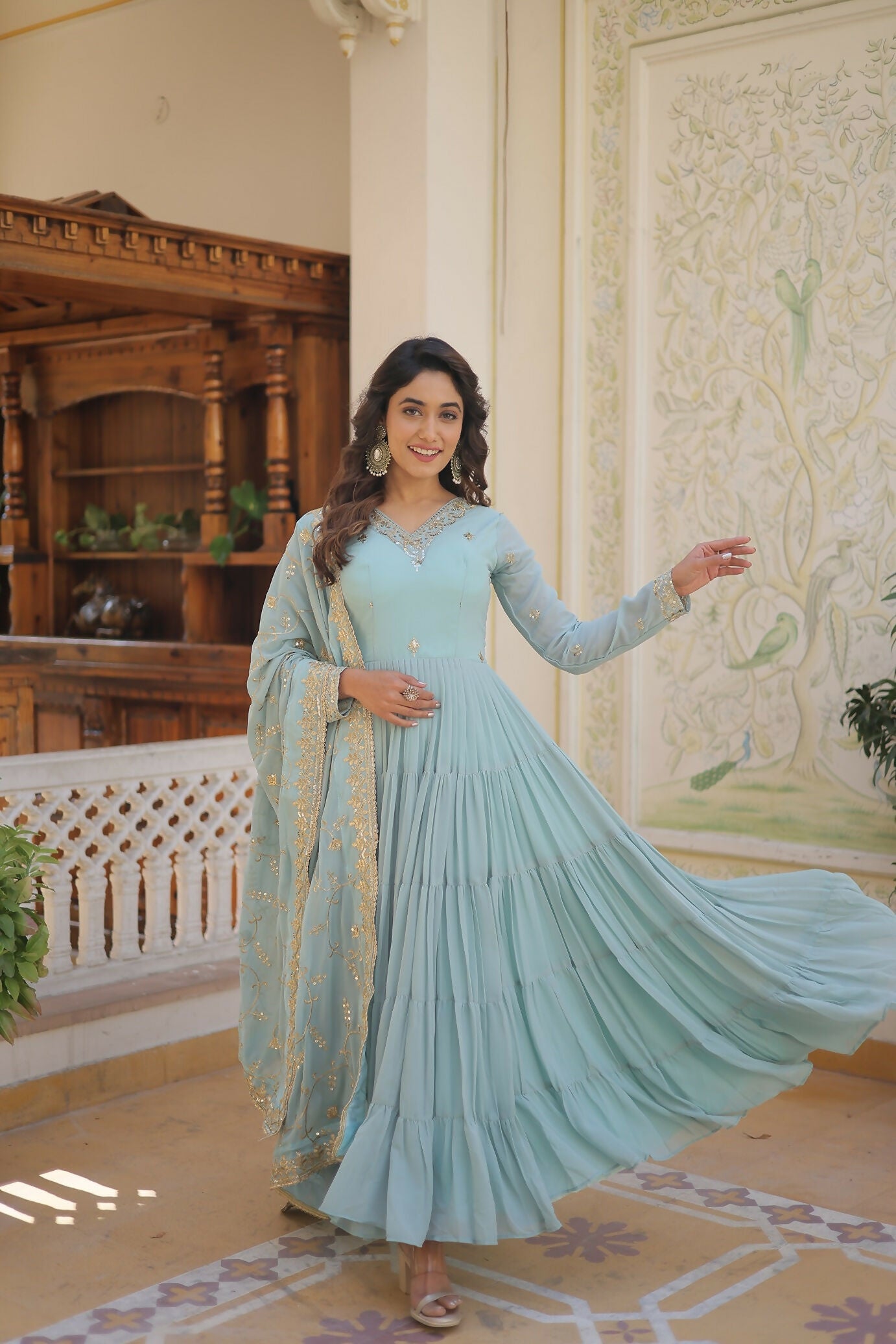 Joban Fashion Sky Blue Georgette Sequence Embroidery Work Kurta Set - Distacart